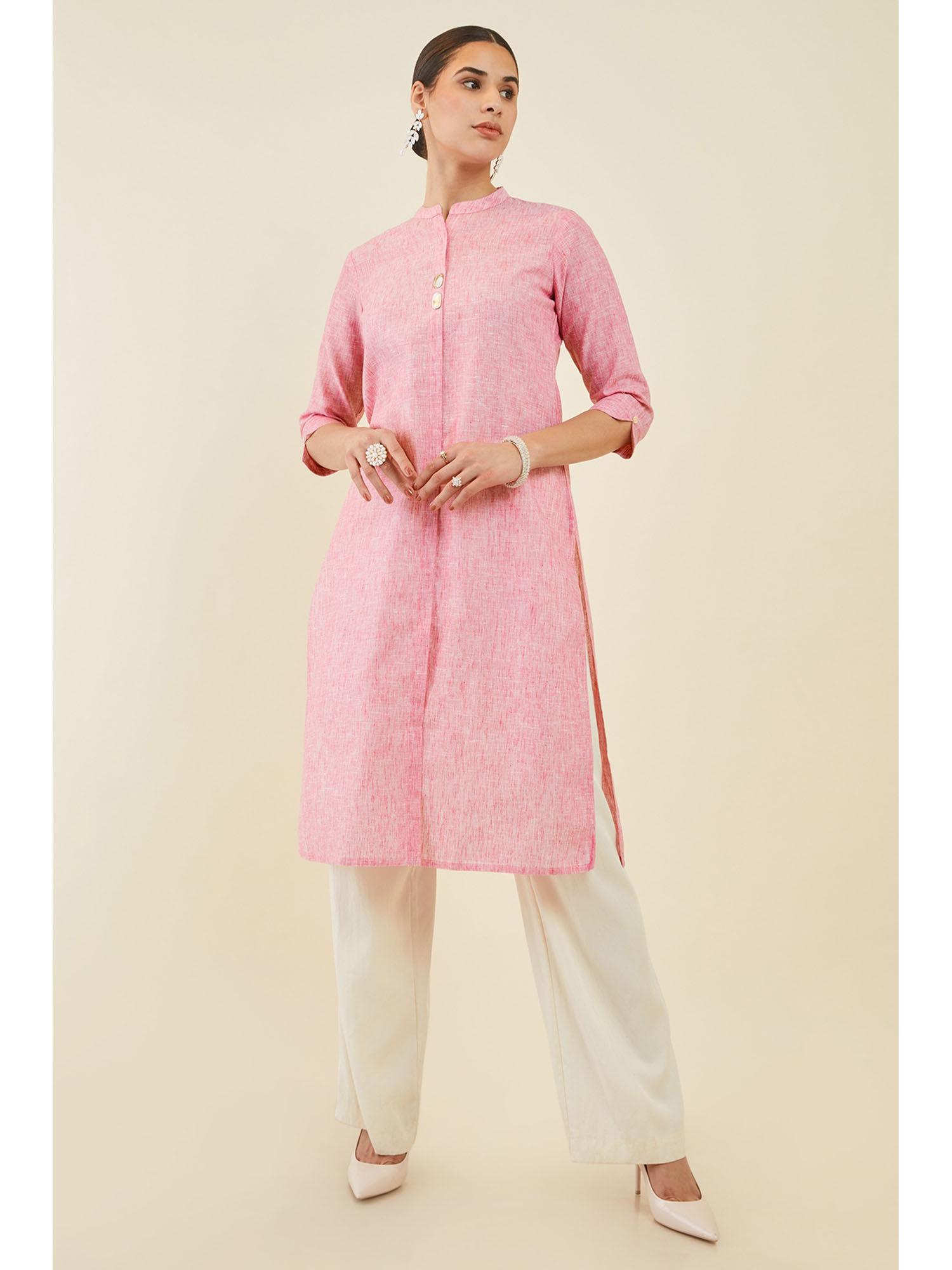 women pink linen straight kurta with shell button embellishments