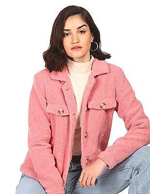 women pink long sleeve spread collar jacket