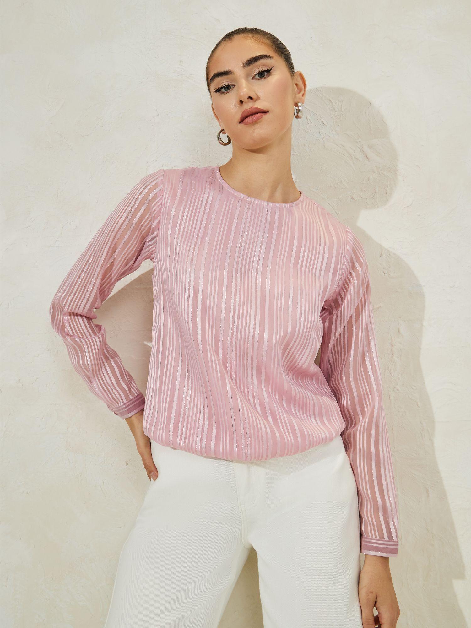 women pink lurex striped round neck full sleeve top with lining