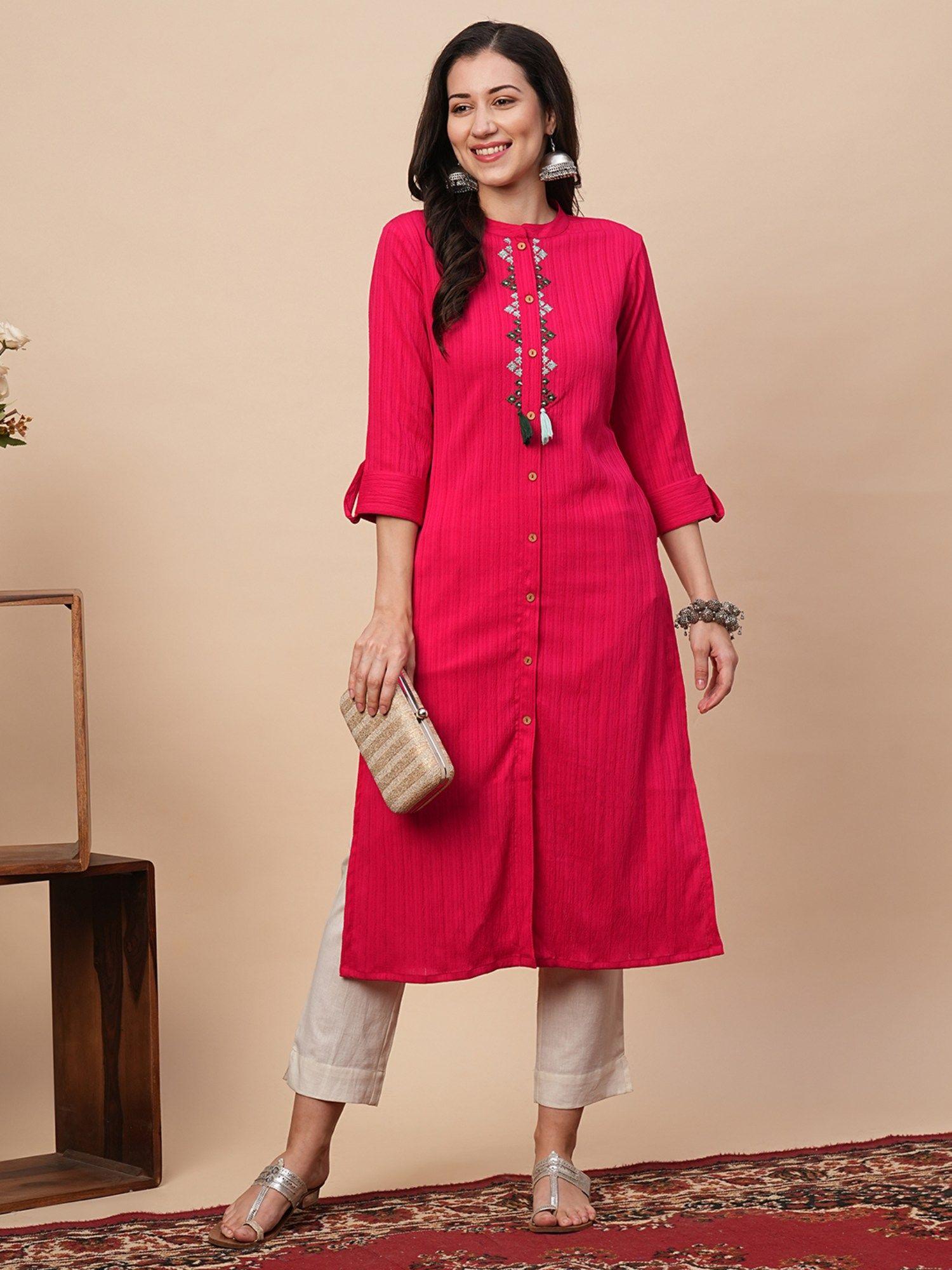 women pink mandarin collar embroidered placket kurta