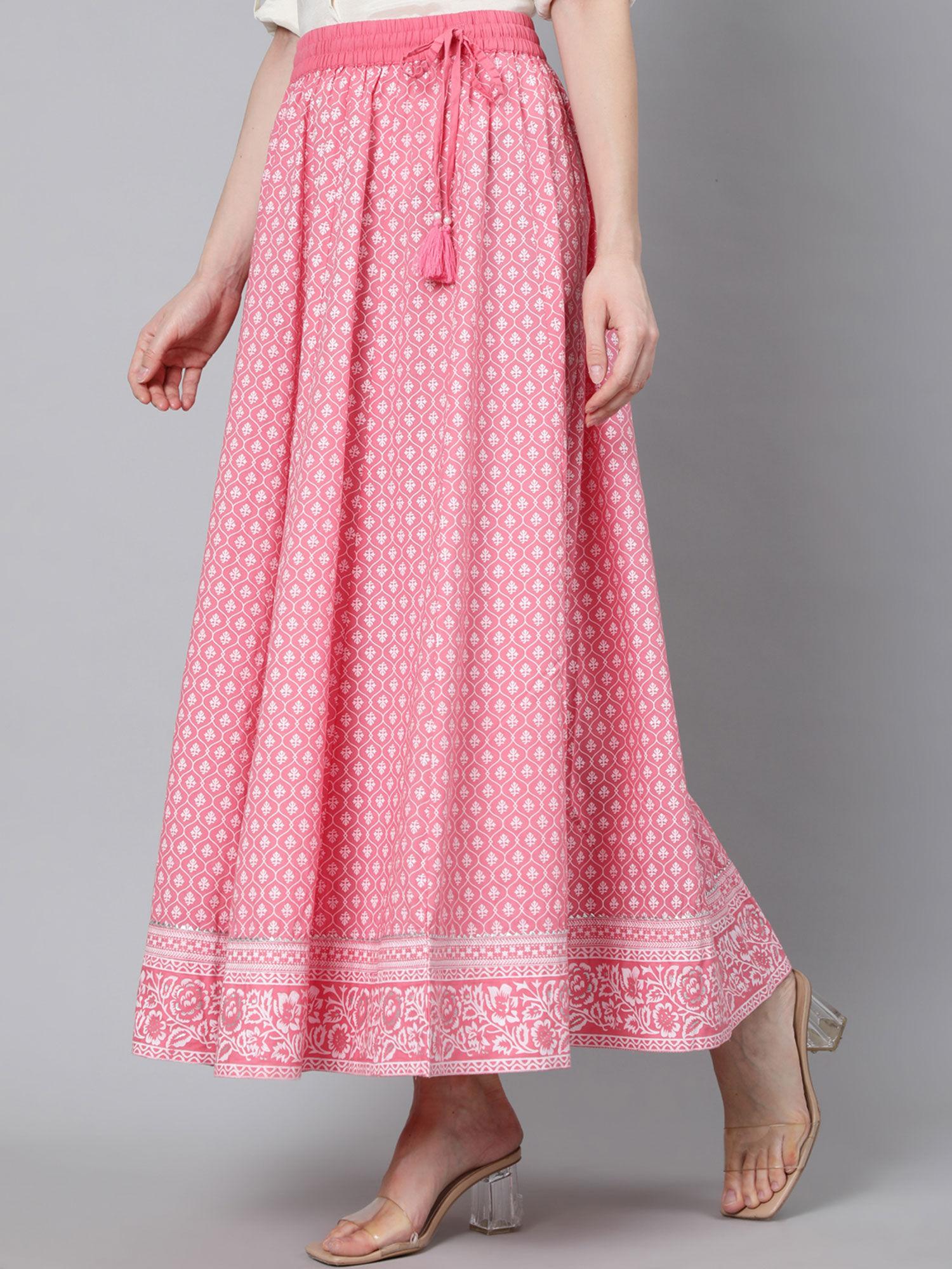 women pink maxi flared skirt with white khadi print