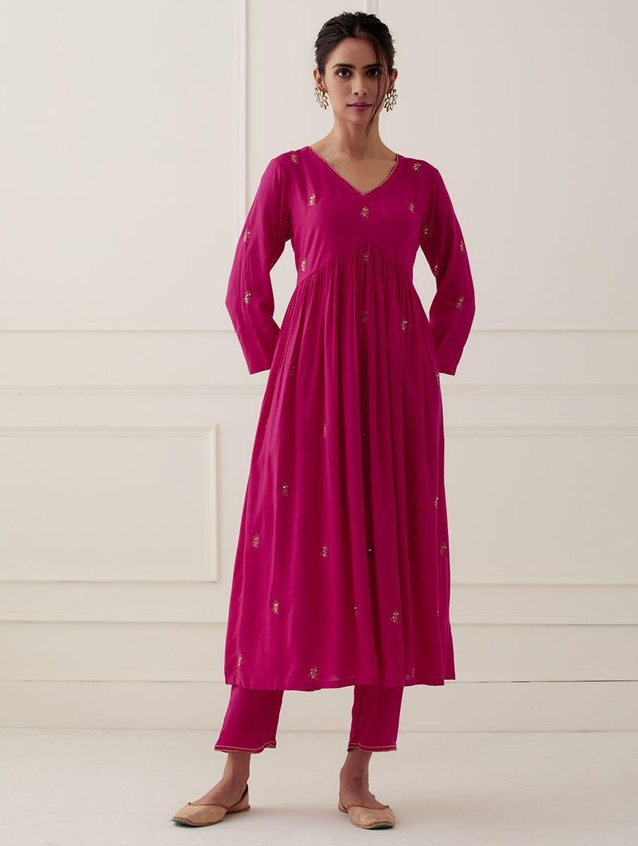 women pink modal embroidered v neck anarkali kurta and pants