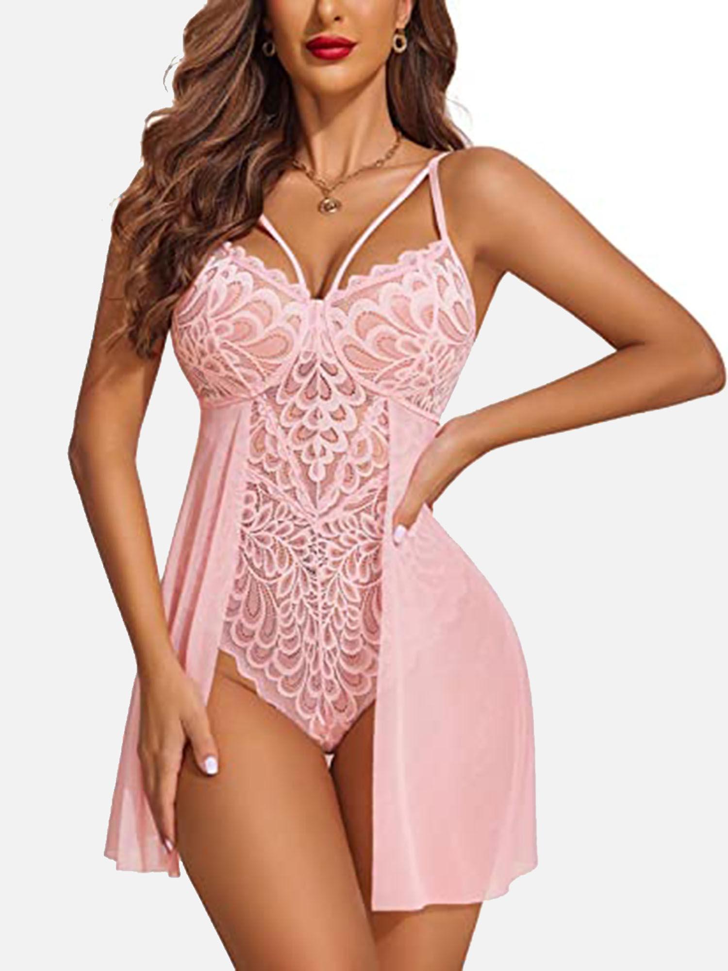 women pink net floral lace babydoll lingerie nightwear dress