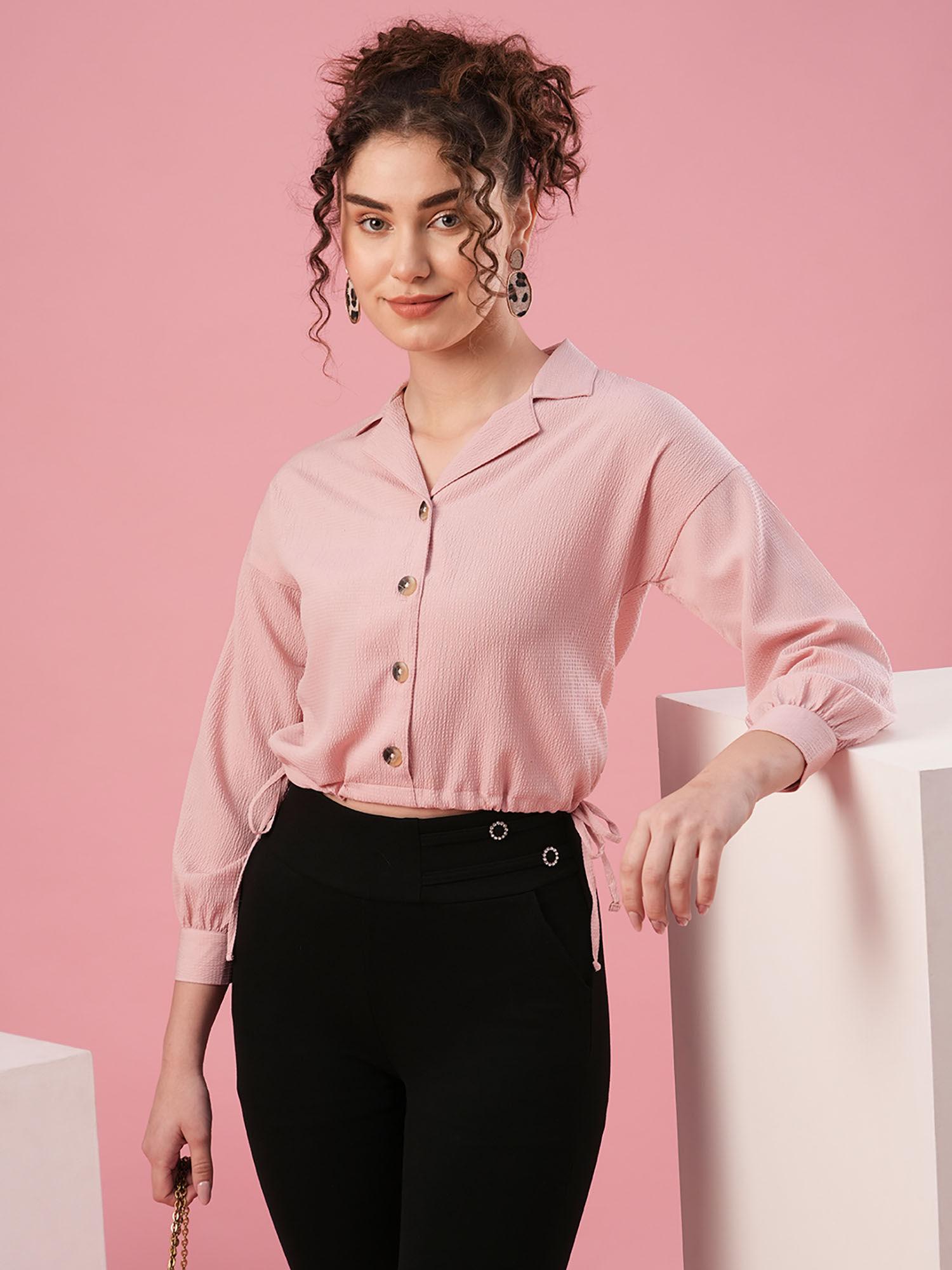 women pink notched lapel collar cuffed sleeves casual crop shirt