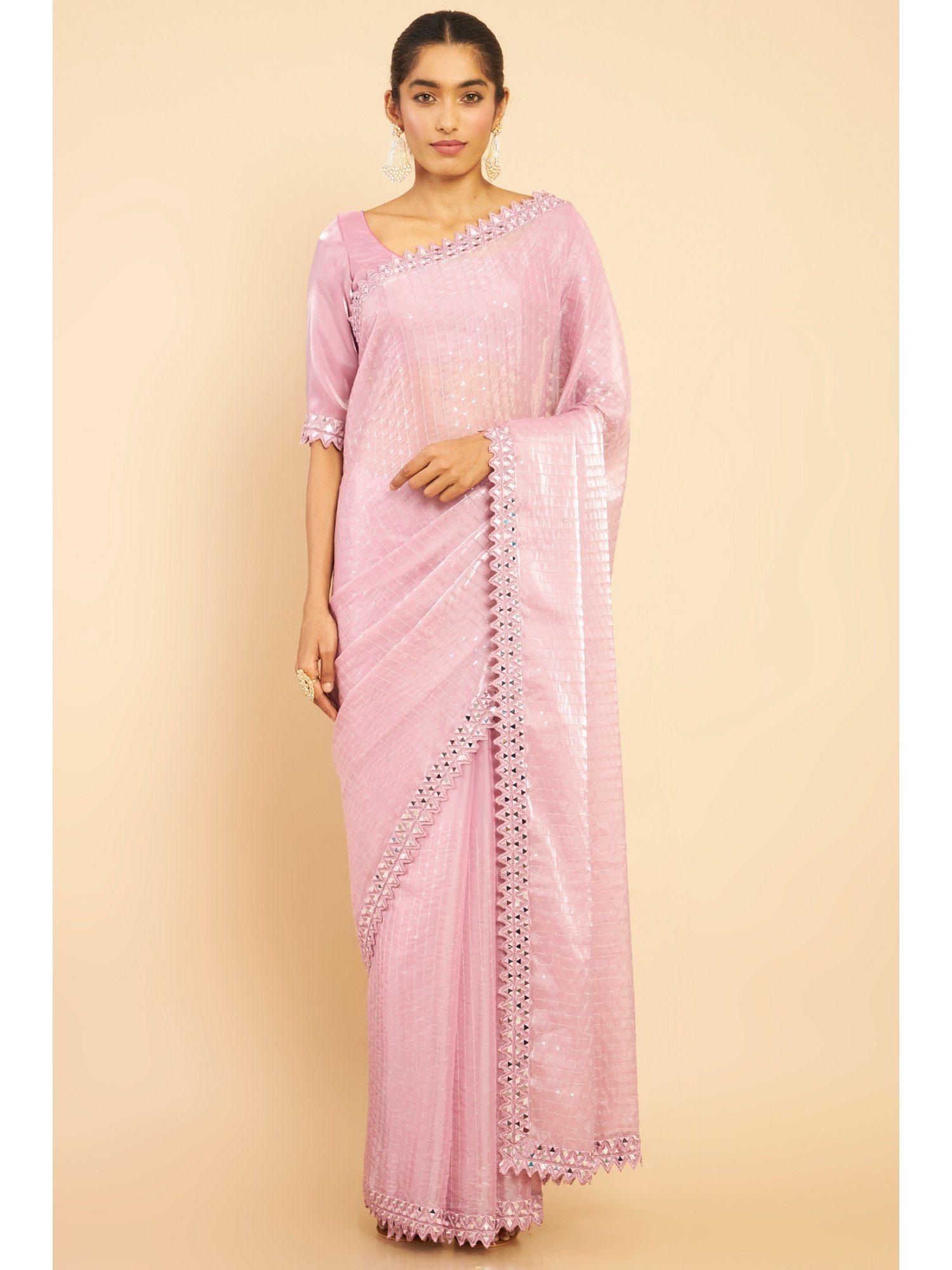 women pink organza embellished saree with unstitched blouse