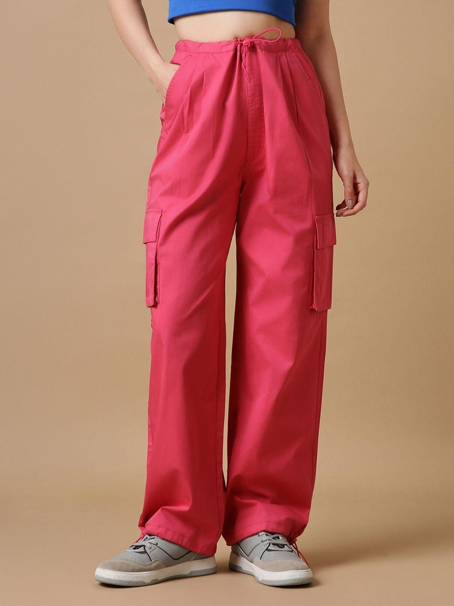 women pink oversized plus size cargo parachute pants