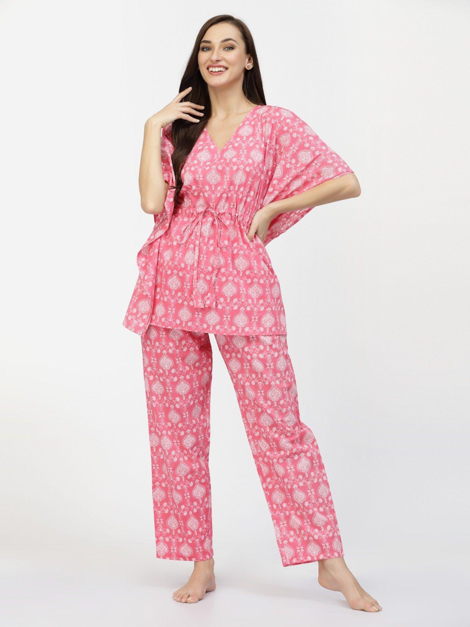 women pink paisley print pure cotton longline kaftan nightsuit - pink (set of 2)