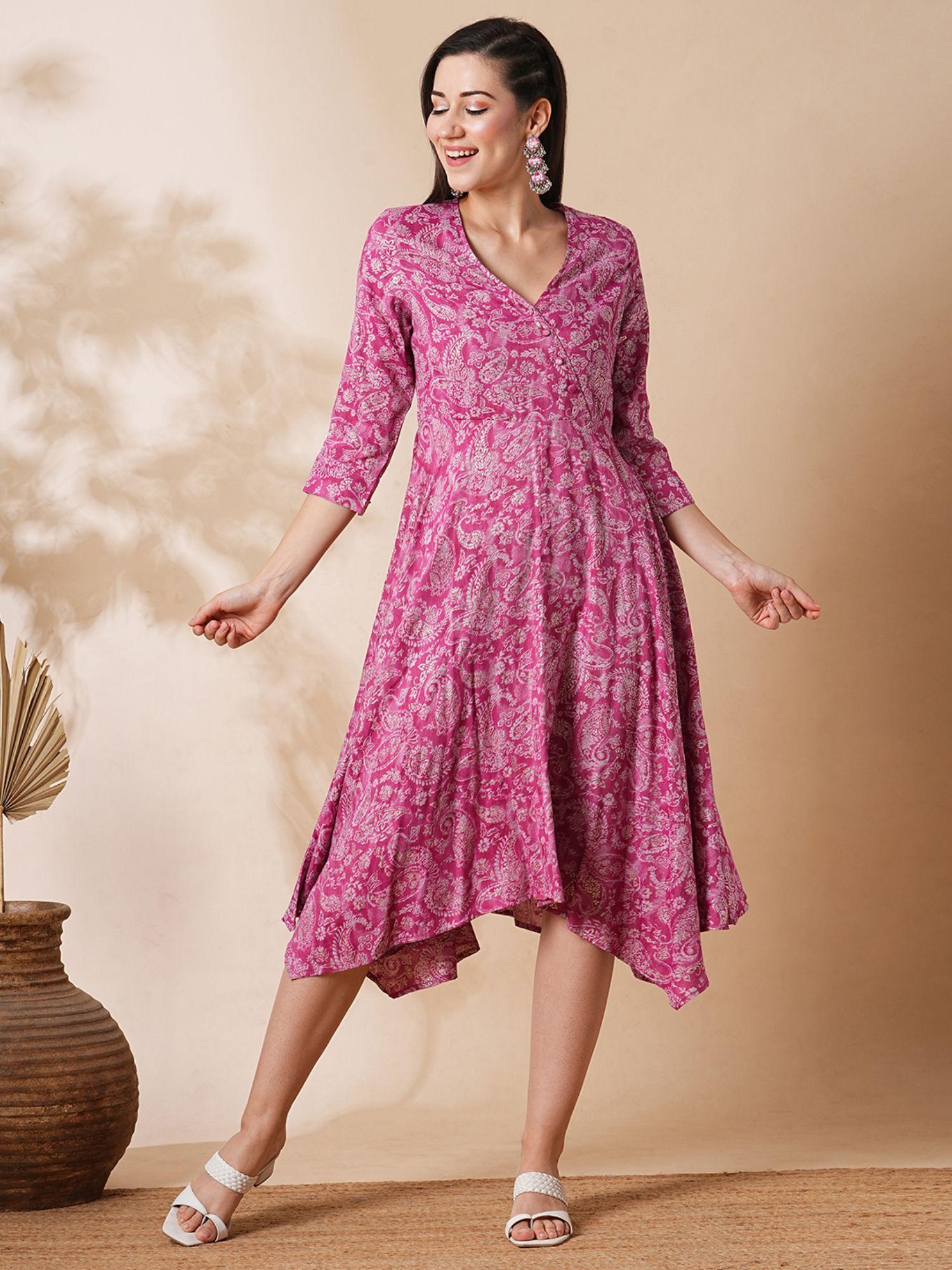 women pink paisley printed a-line midi dress