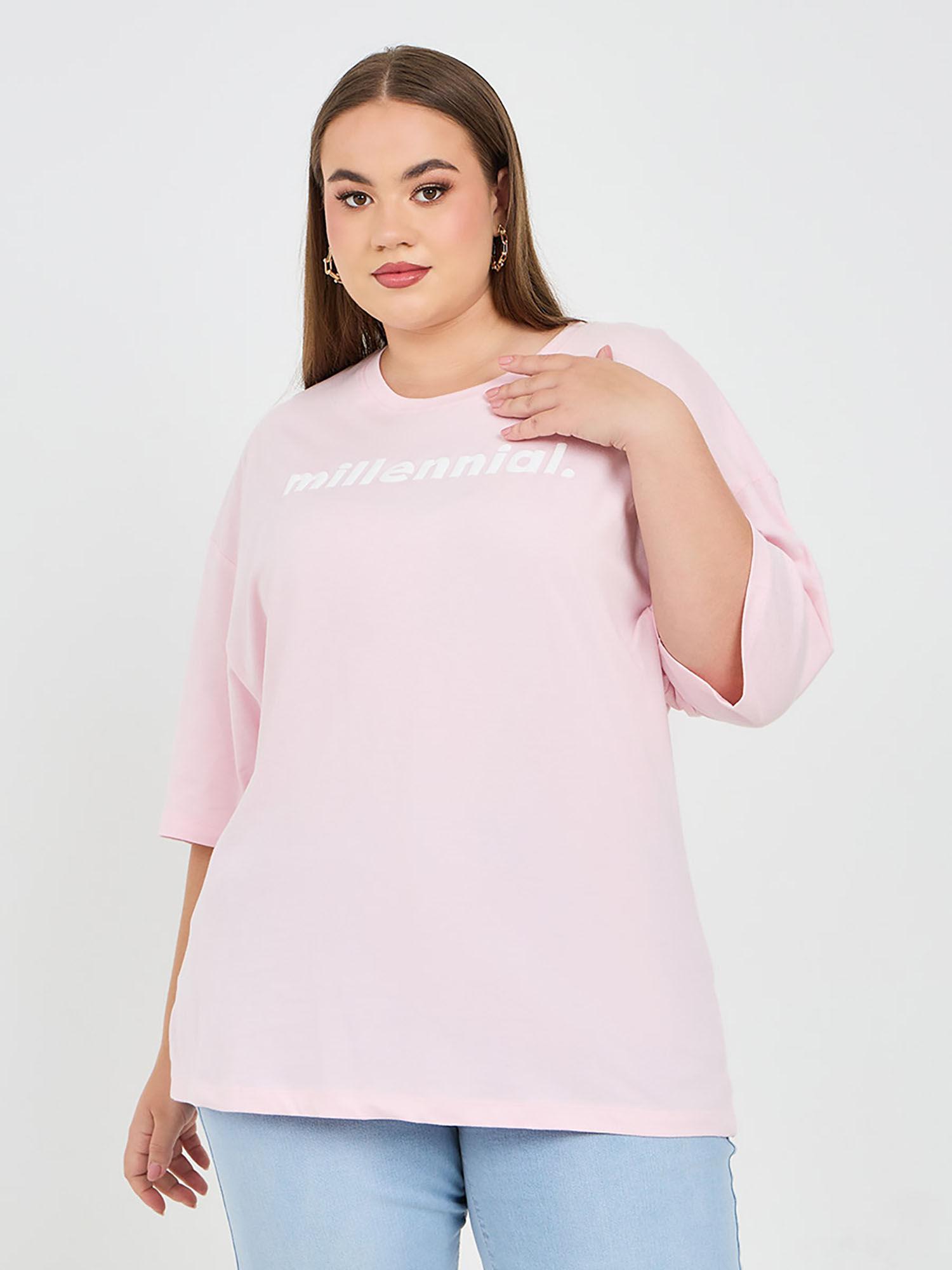 women pink plus oversized printed drop shoulder cotton t-shirt