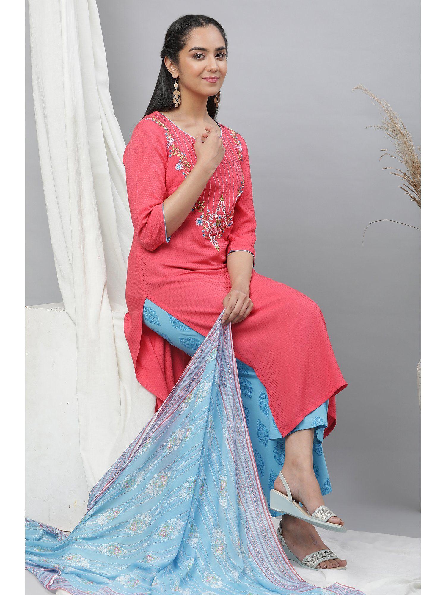 women pink polka dots viscose kurta set with palazzo & dupatta