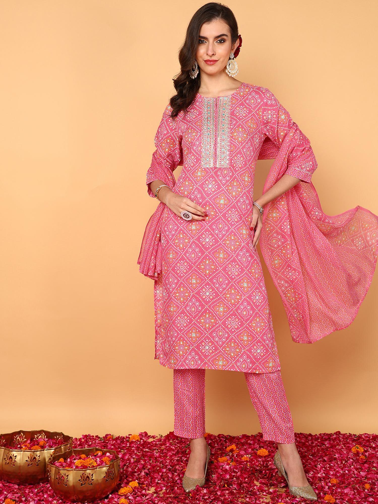 women pink poly cotton bandhani printed straight kurta trouser with dupatta (set of 3)