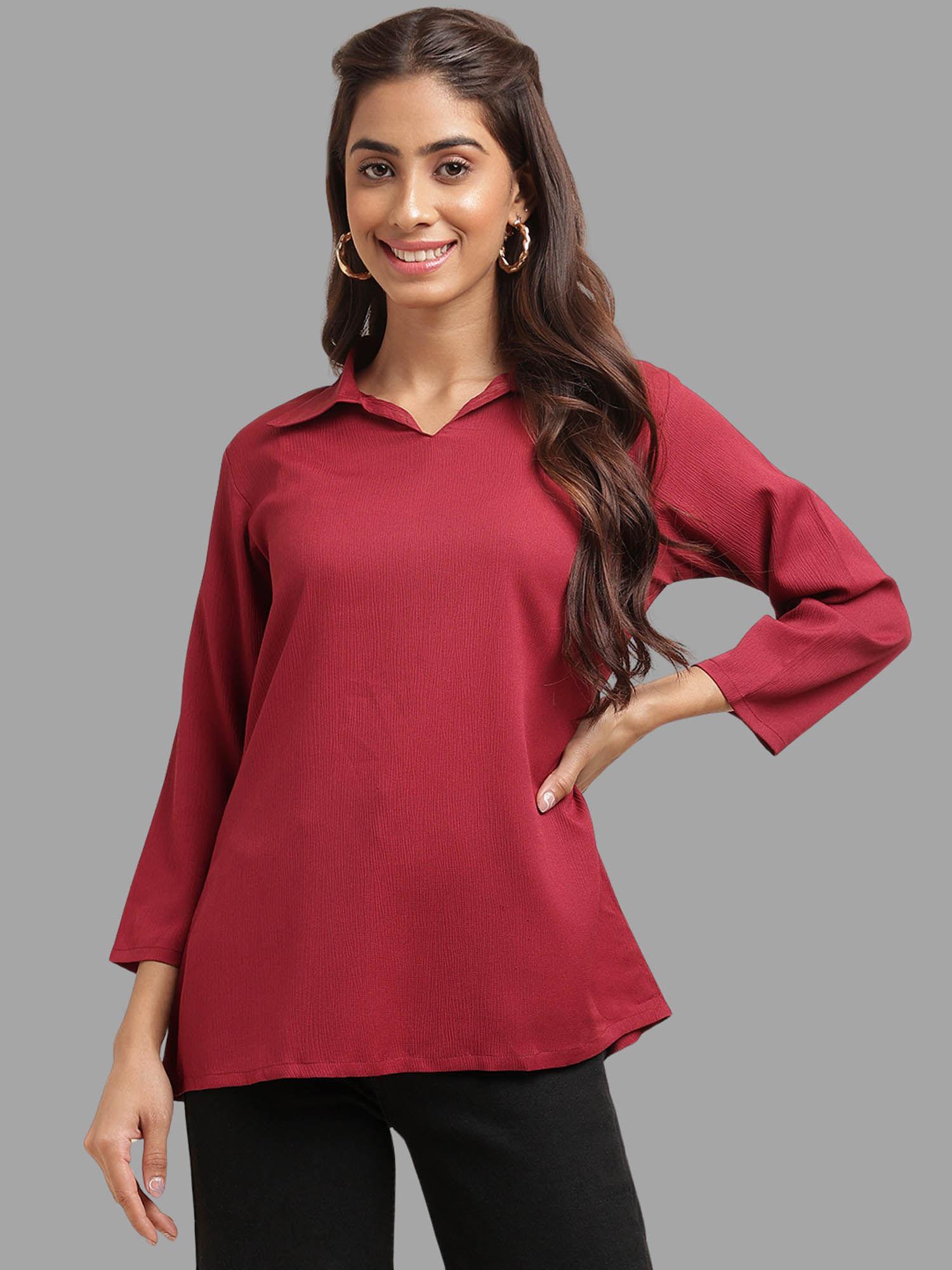 women pink polyester blend collar neck regular fit top