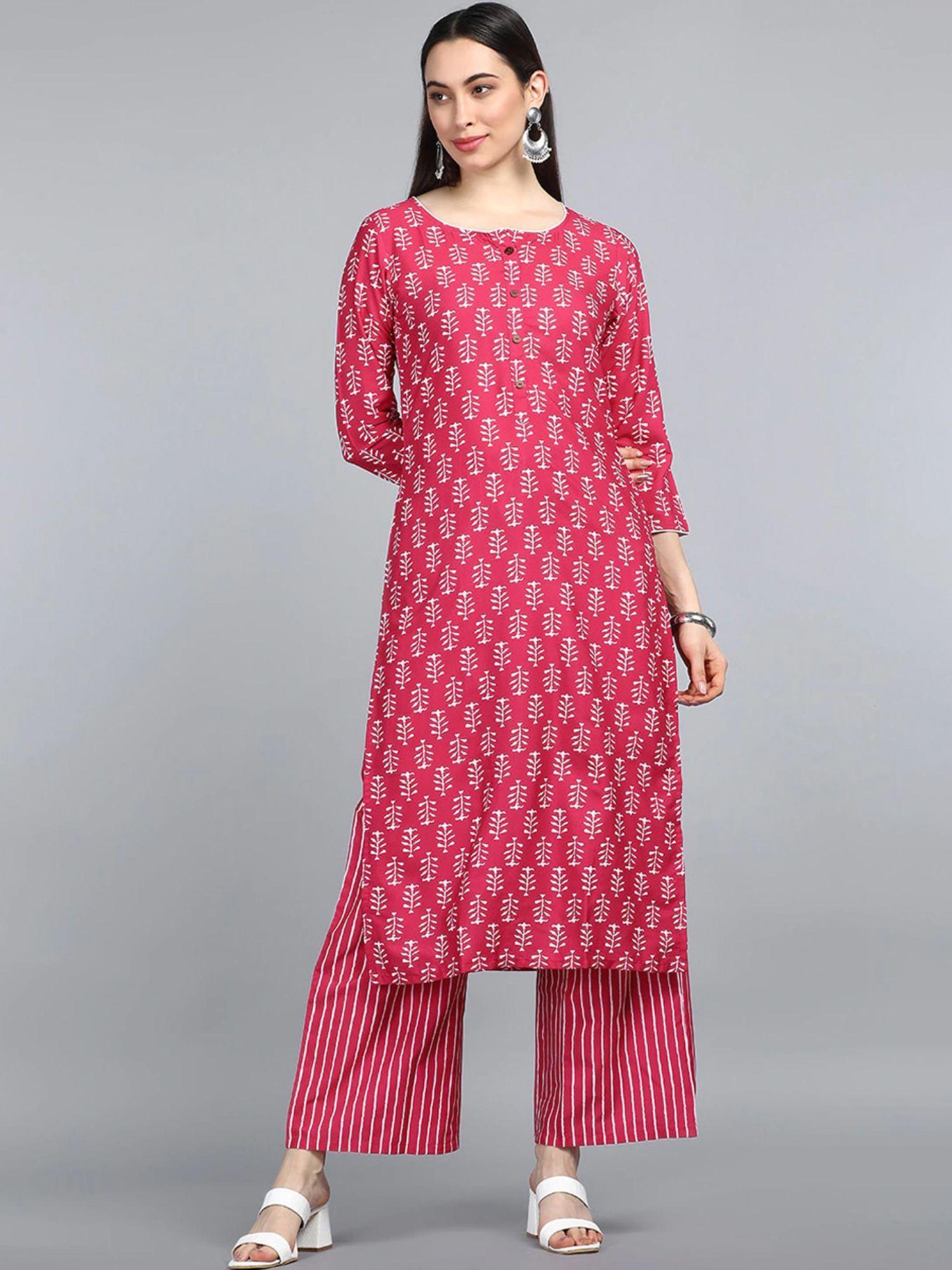 women pink polyester ethnic motifs printed straight kurta with pant (set of 2)