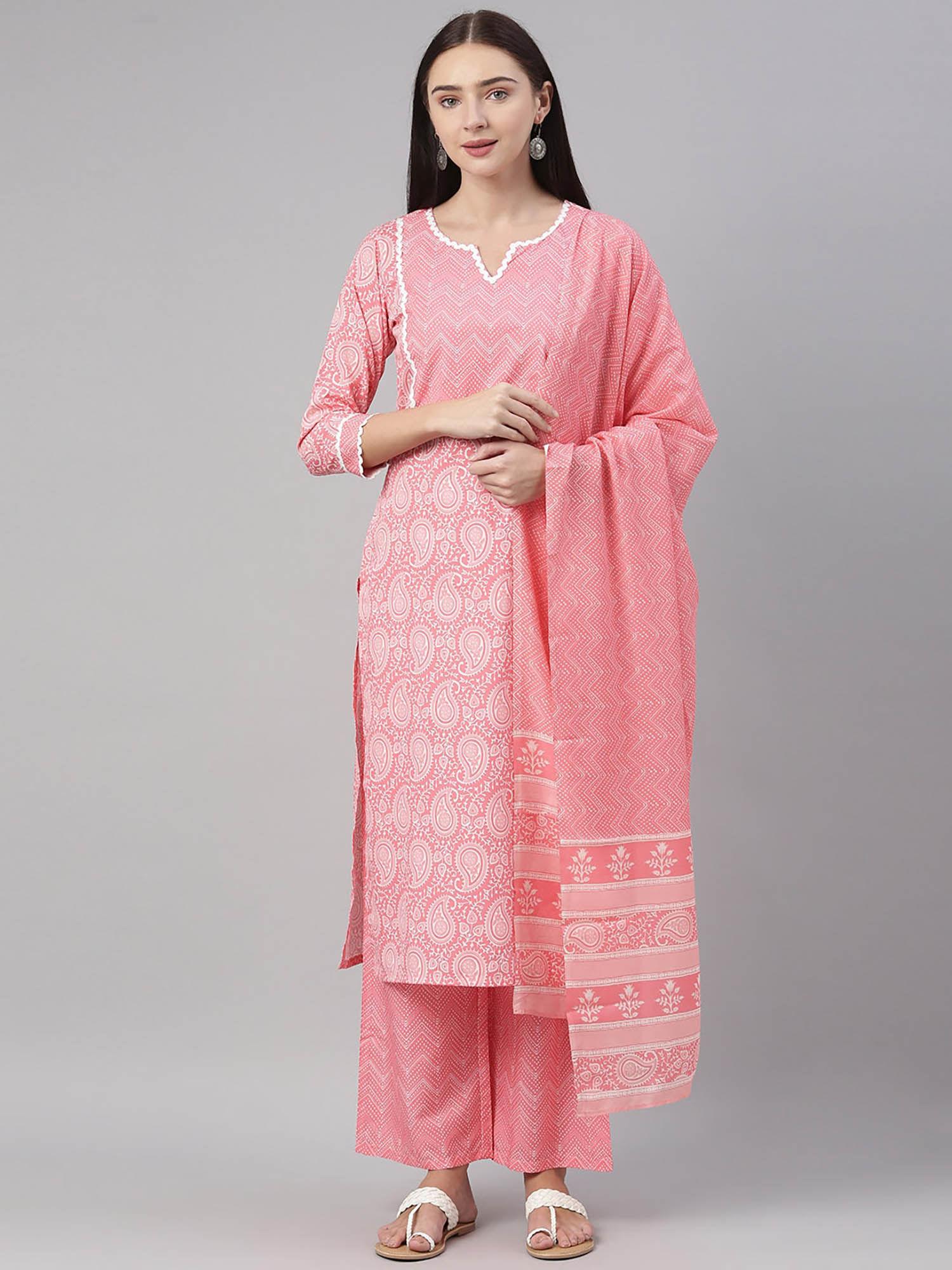 women pink polyester paisley printed straight kurta palazzo with dupatta (set of 3)