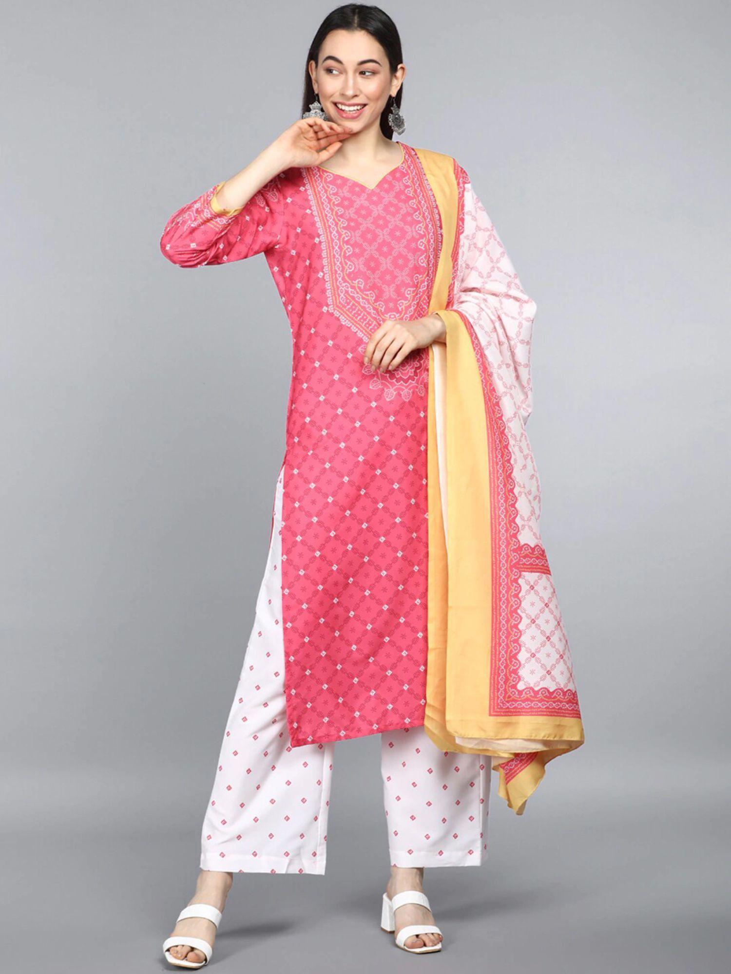 women pink polyester printed straight kurta palazzo with dupatta (set of 3)