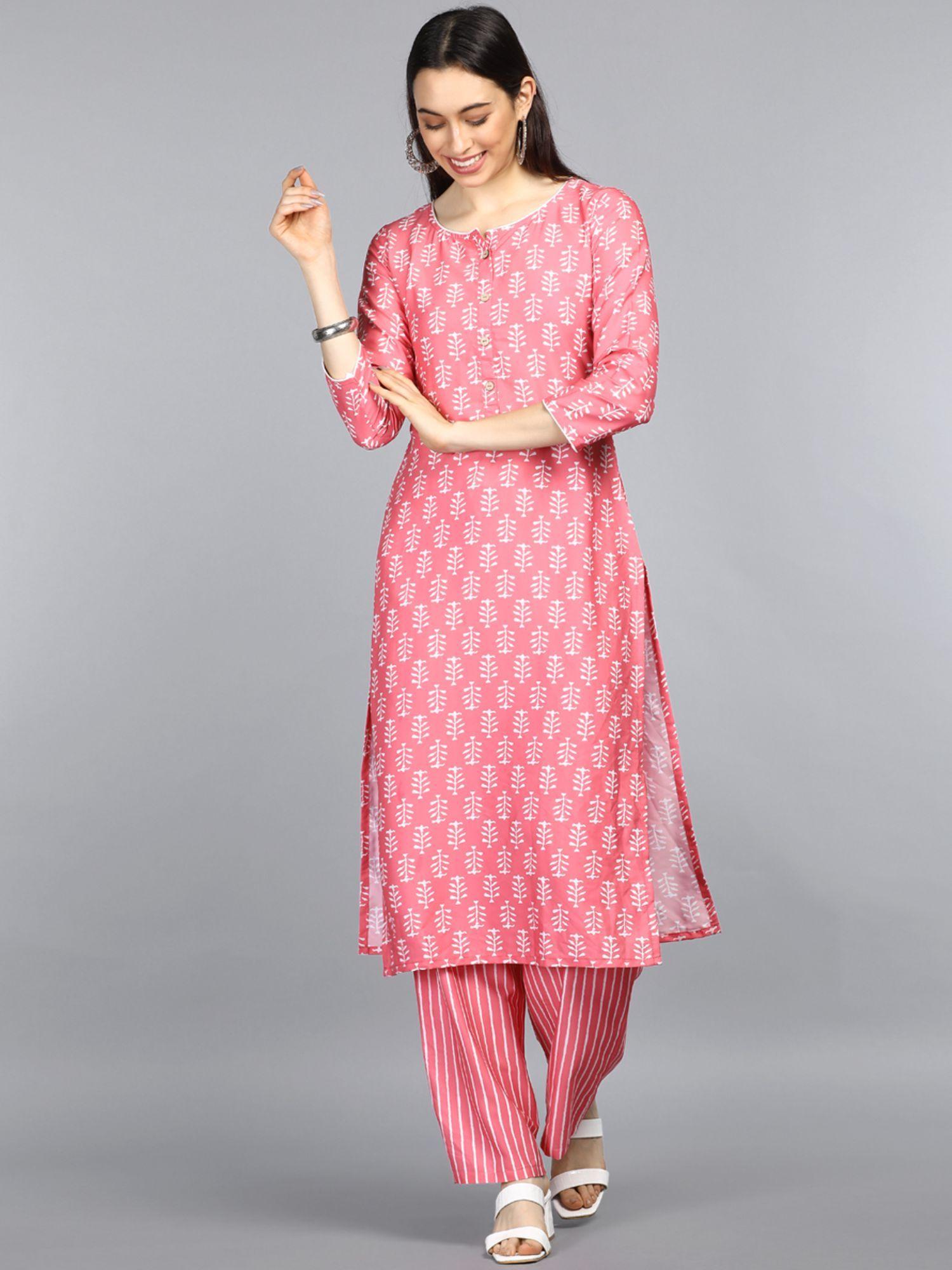 women pink polyester printed straight kurta with palazzo (set of 2)