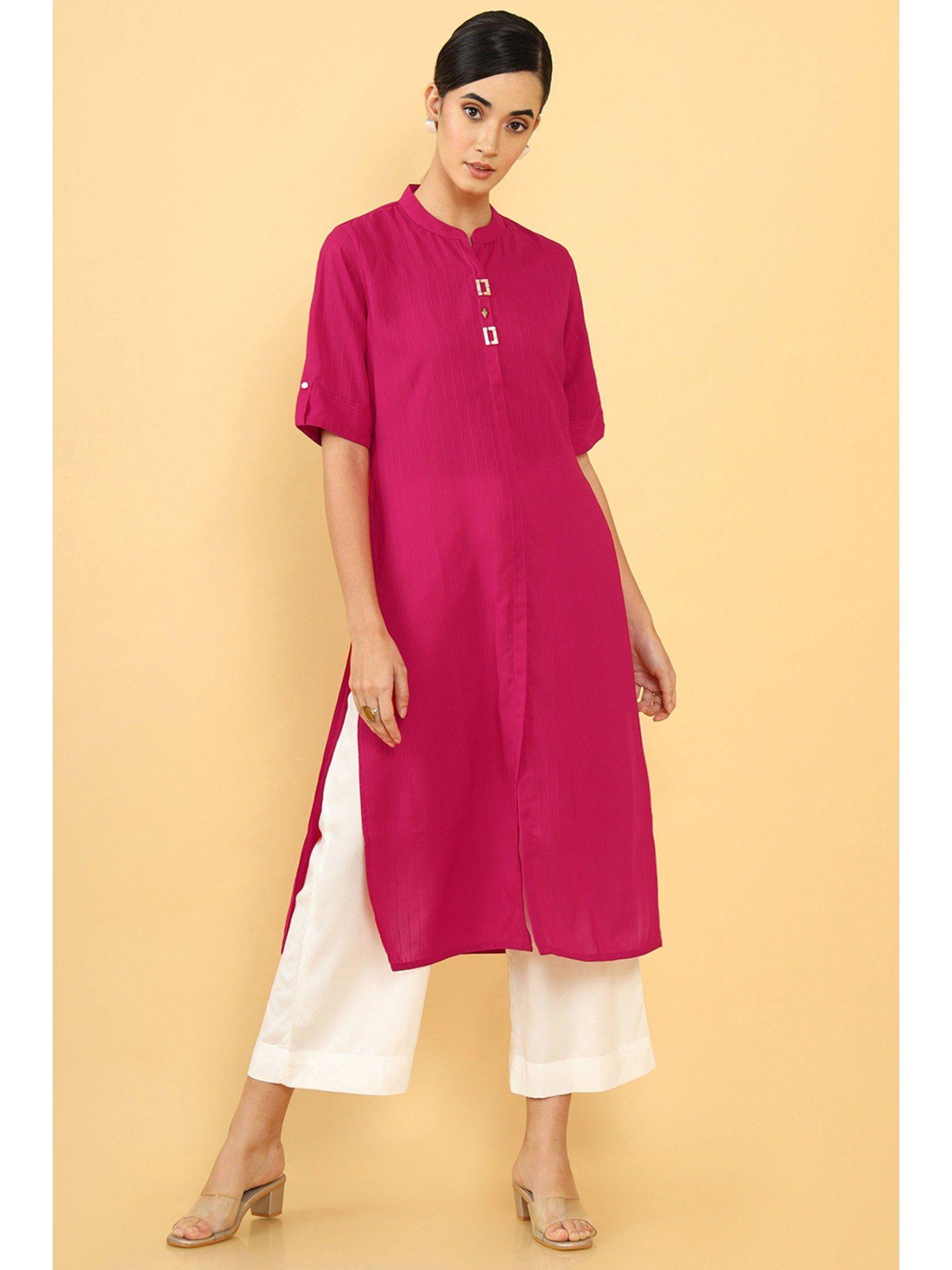 women pink polyester stripes kurta