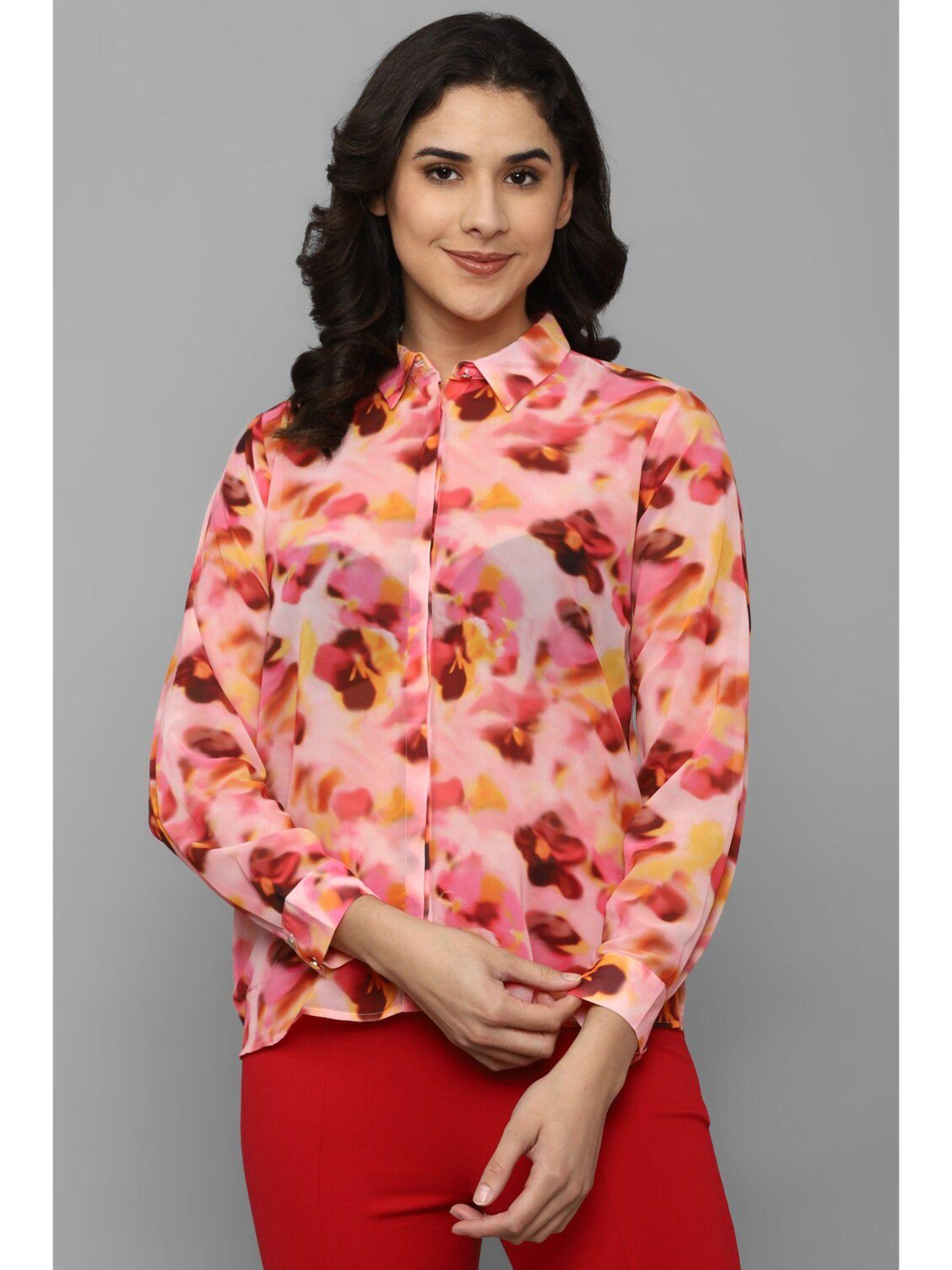 women pink print long sleeves shirt