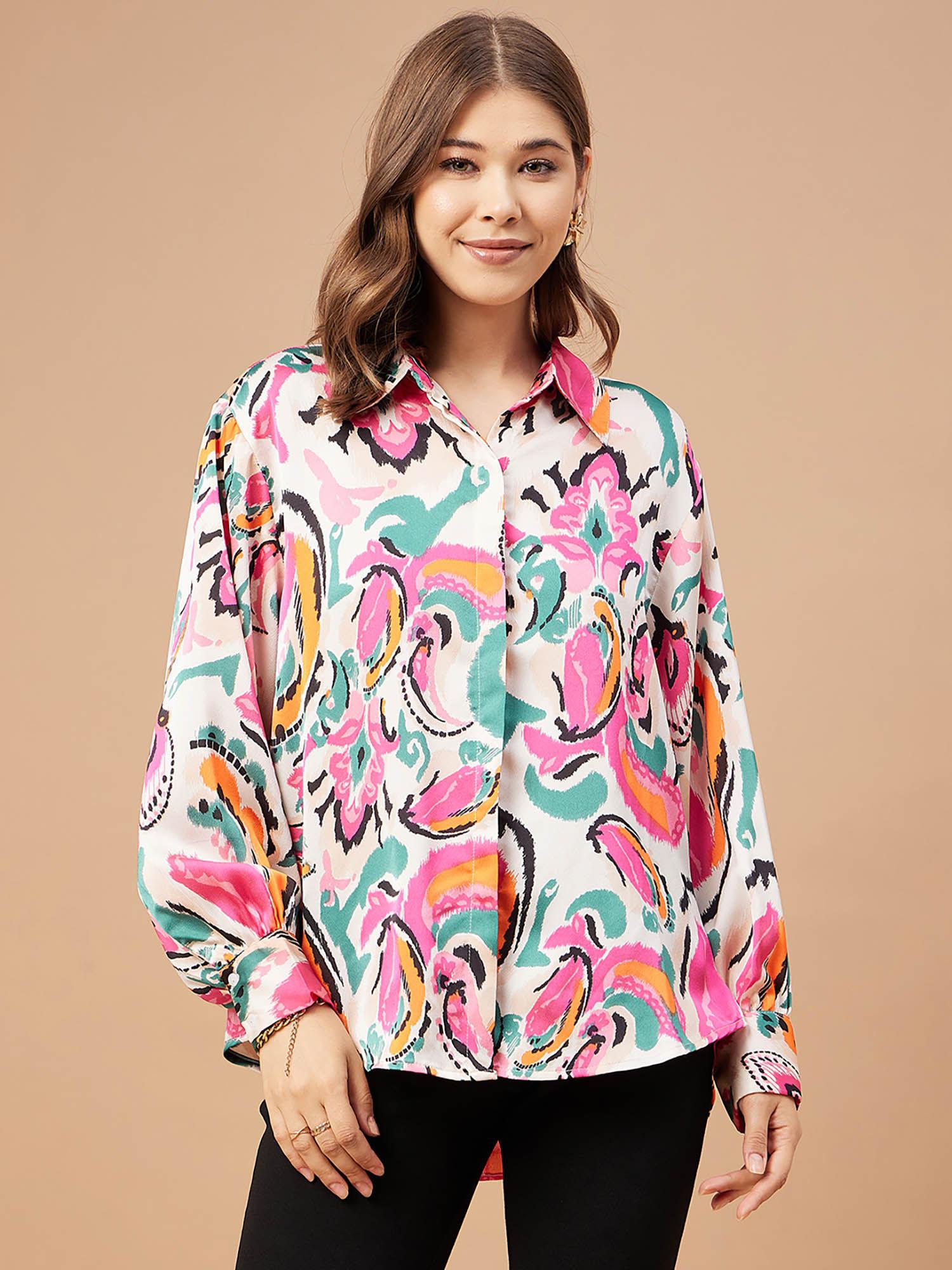 women pink print satin flutter sleeve collar neck shirt