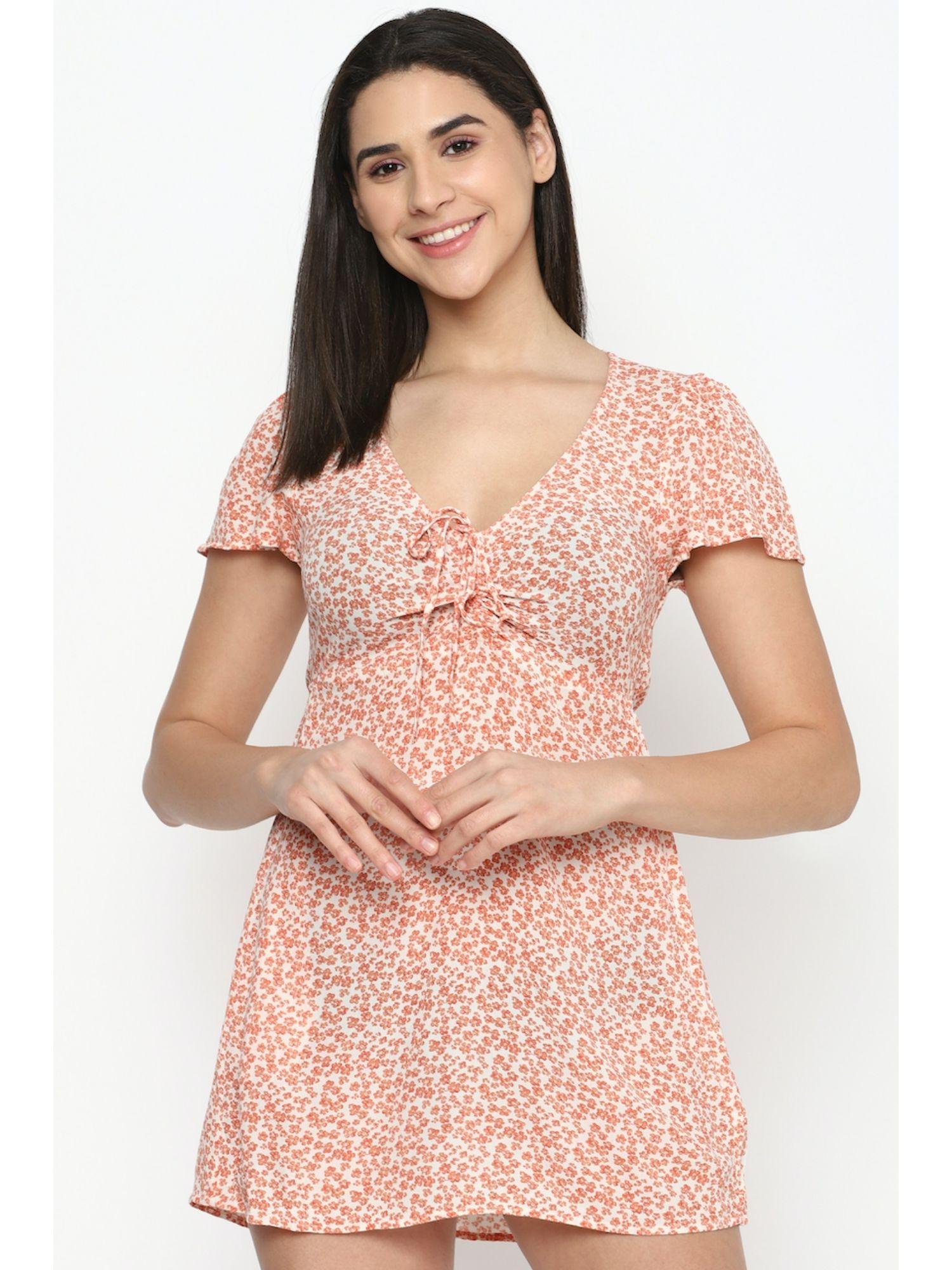 women pink printed cinched front mini dress