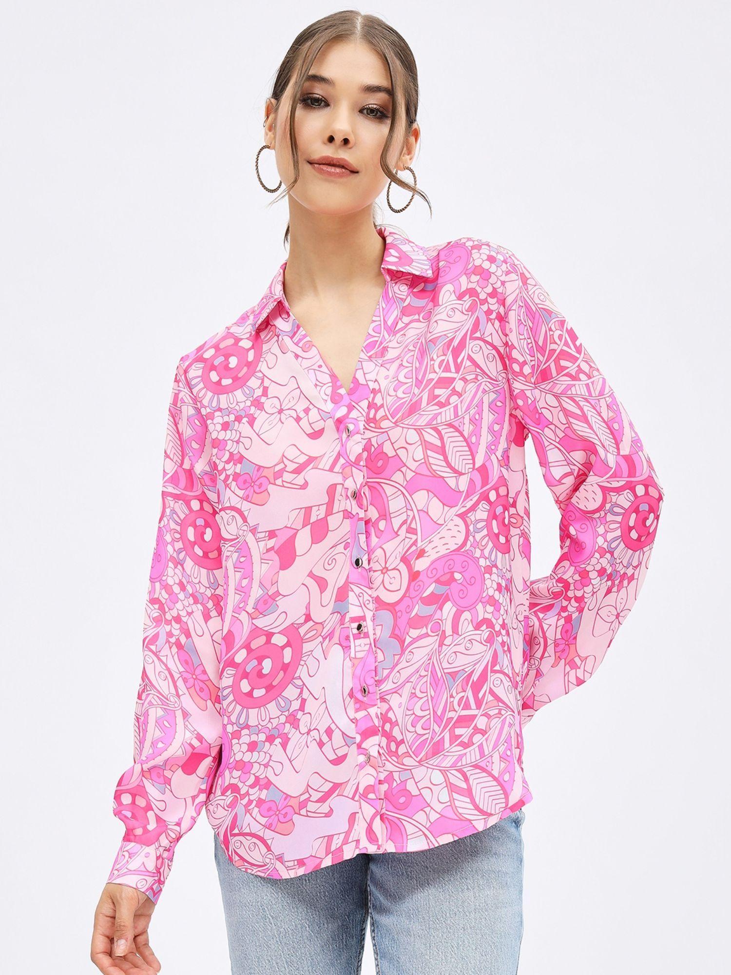 women pink printed collar neck full sleeves shirt