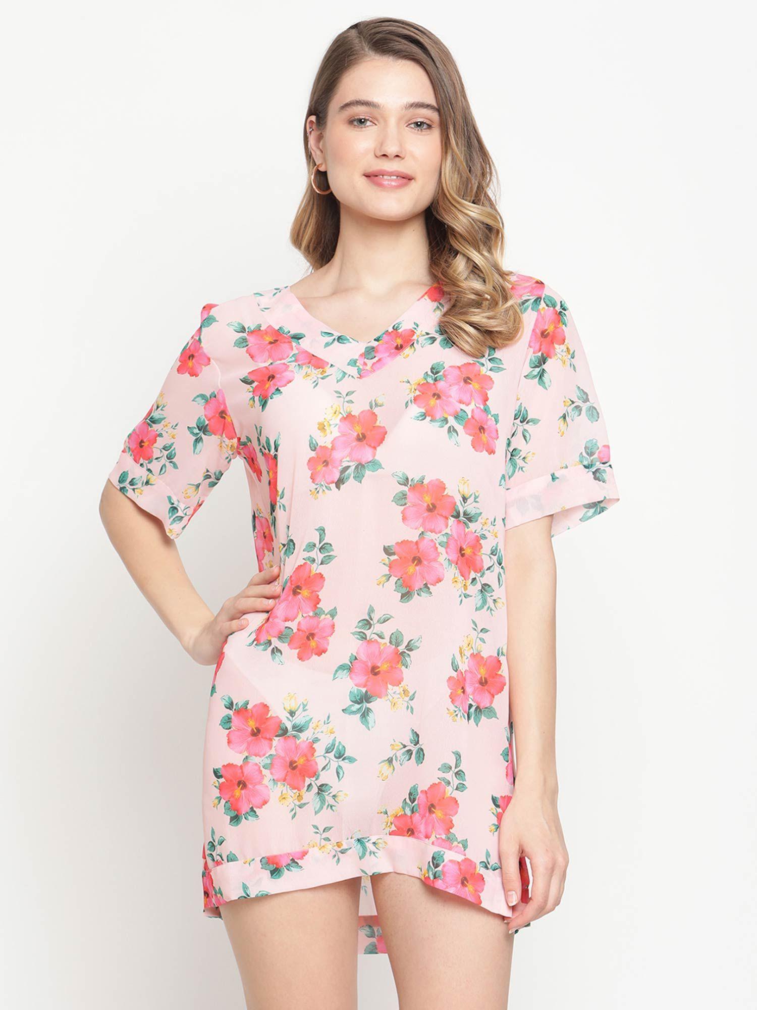 women pink printed cover-up beach dress