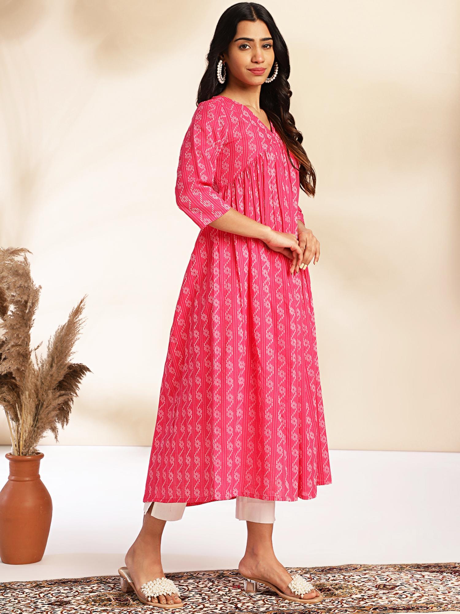 women pink printed empire fit cotton kurta