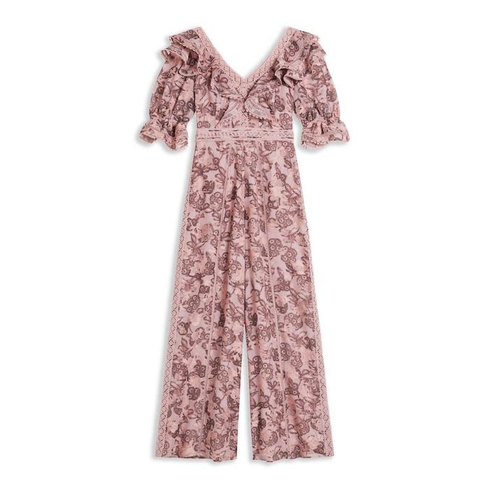 women pink printed floral ruffle jumpsuit
