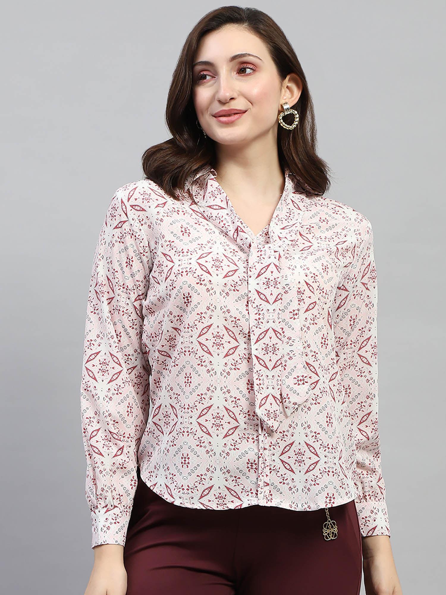 women pink printed full sleeves collar neck top