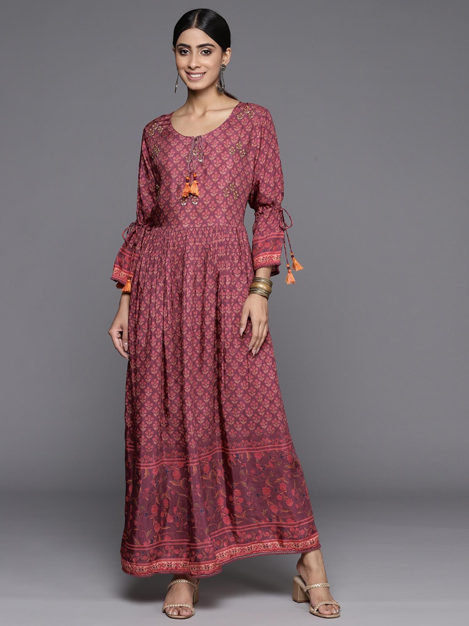 women pink printed gathered maxi dress