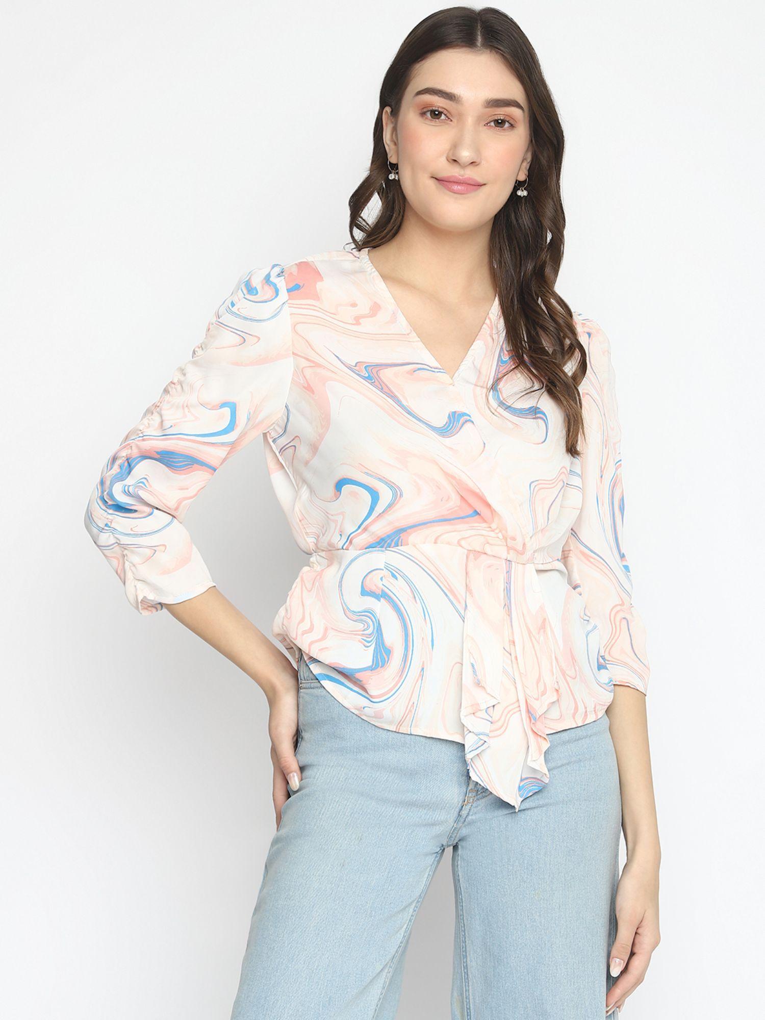 women pink printed half sleeve regular top with ruffles