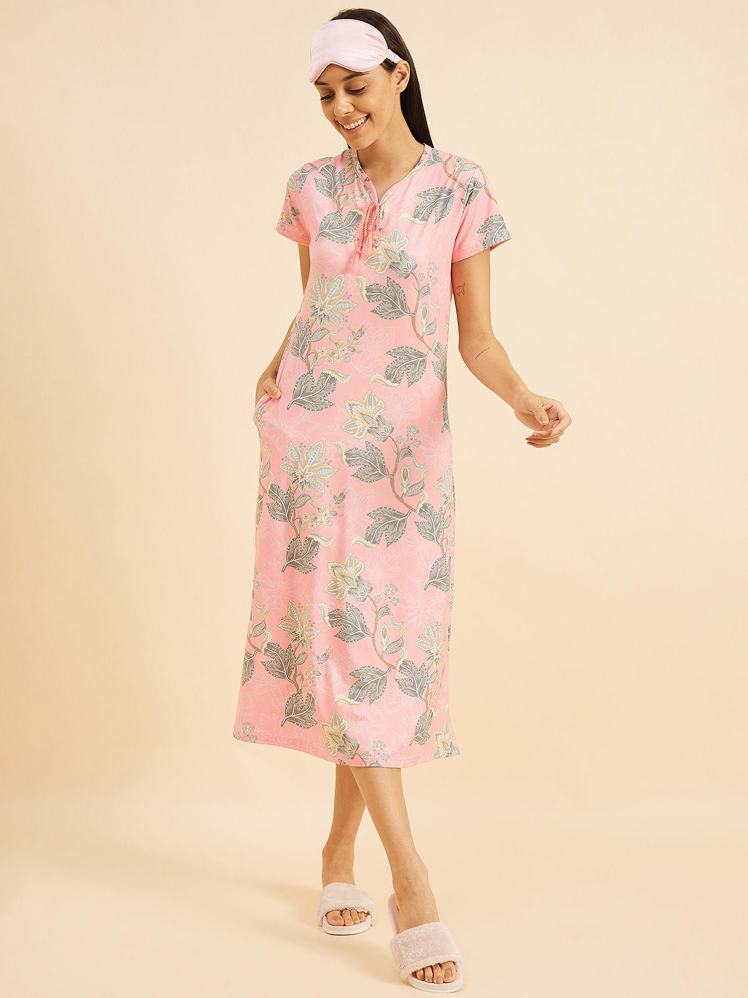 women pink printed half sleeves night dress