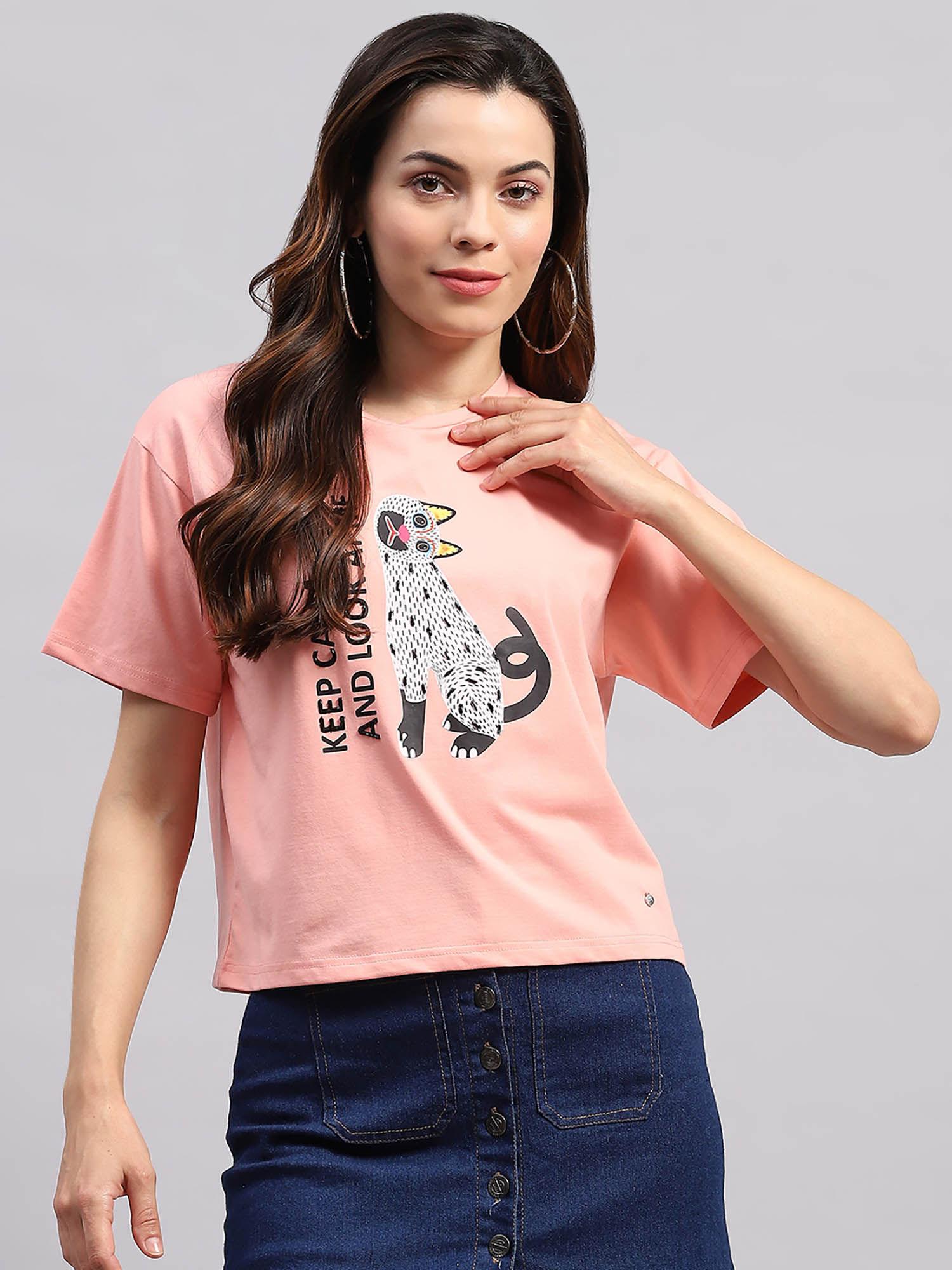 women pink printed half sleeves round neck top