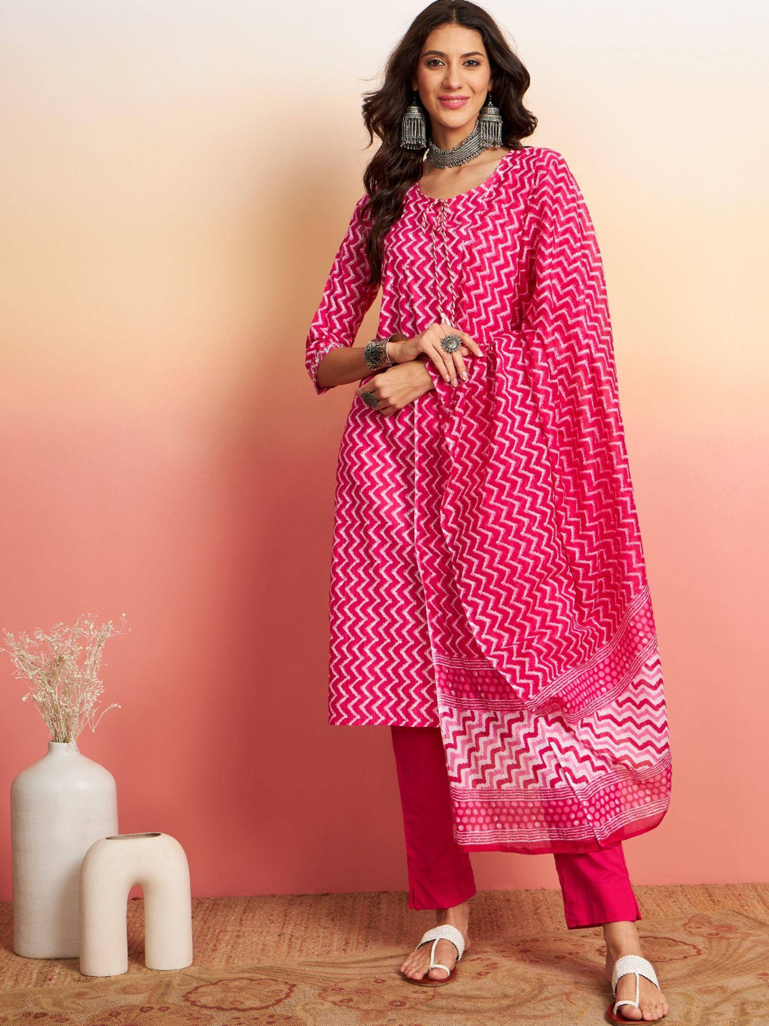 women pink printed kurta with pant and dupatta (set of 3)
