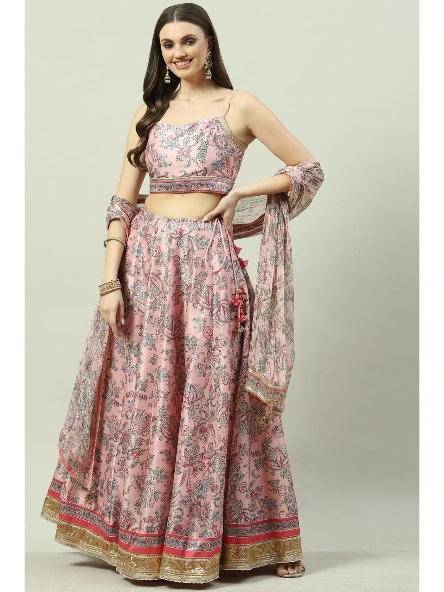 women pink printed lehenga (set of 3)