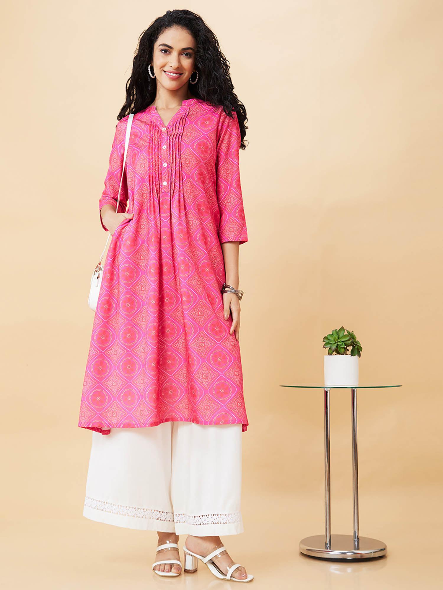 women pink printed mandarin collar a-line kurta