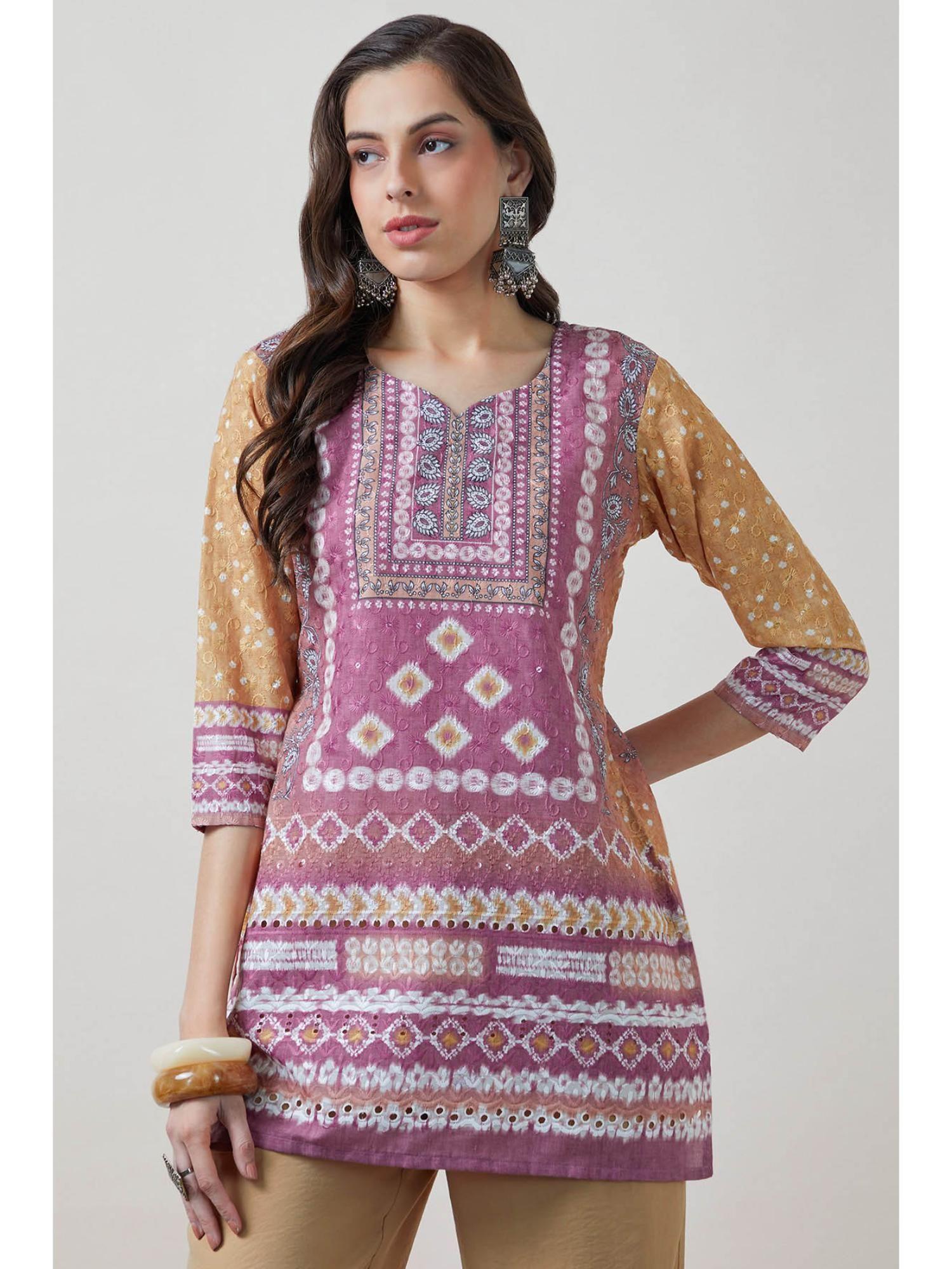 women pink printed regular fit cotton kurti