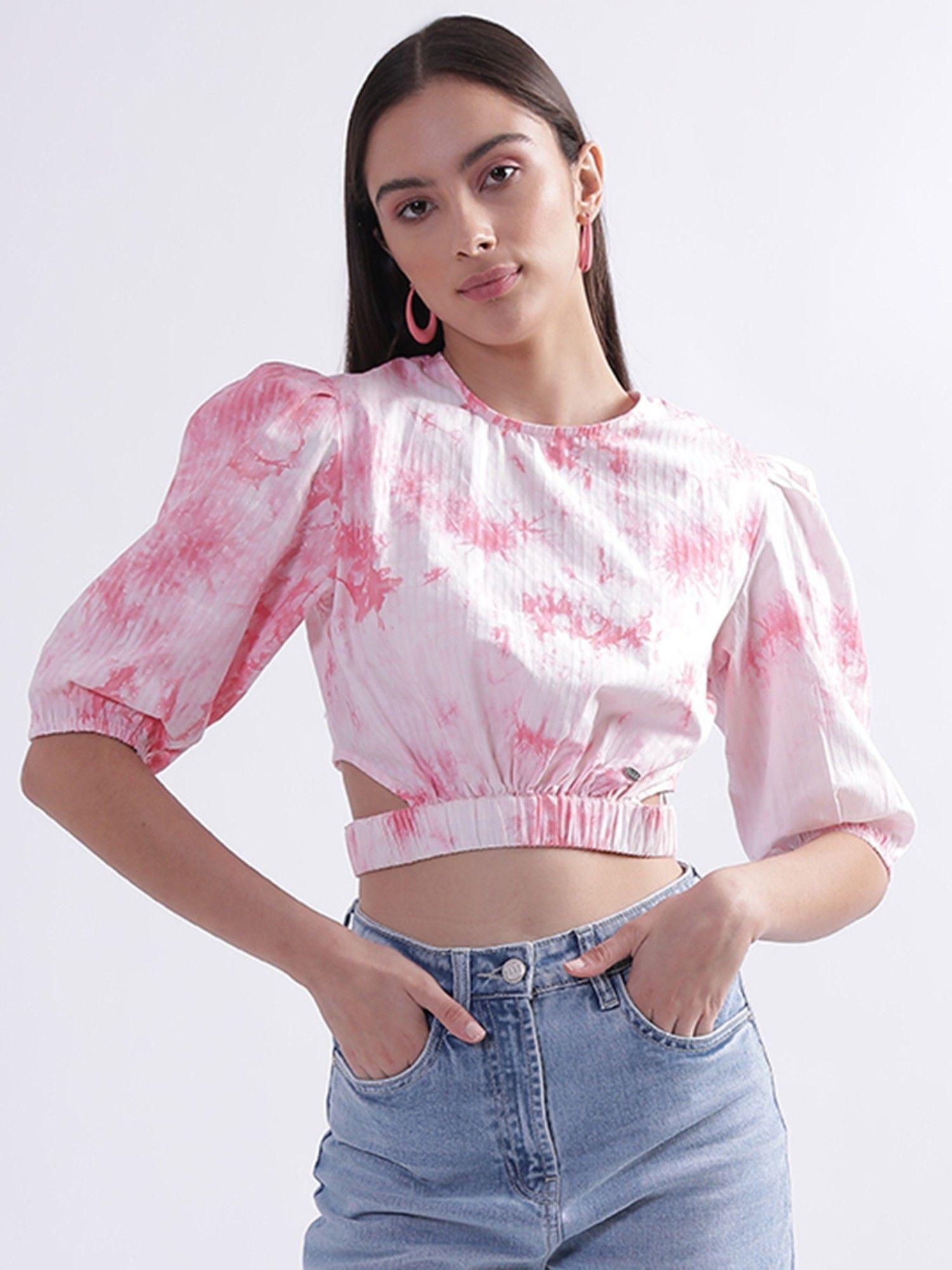 women pink printed round neck crop top