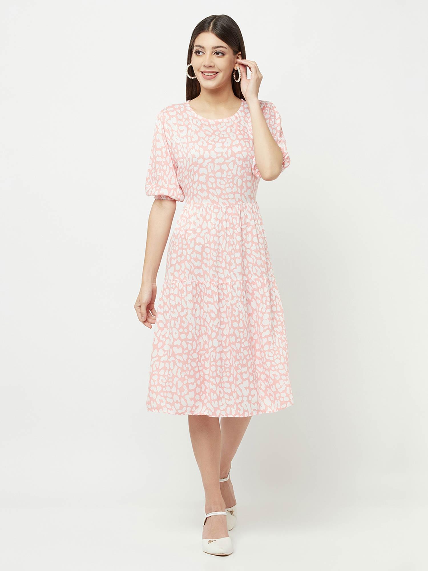 women pink printed round neck dress