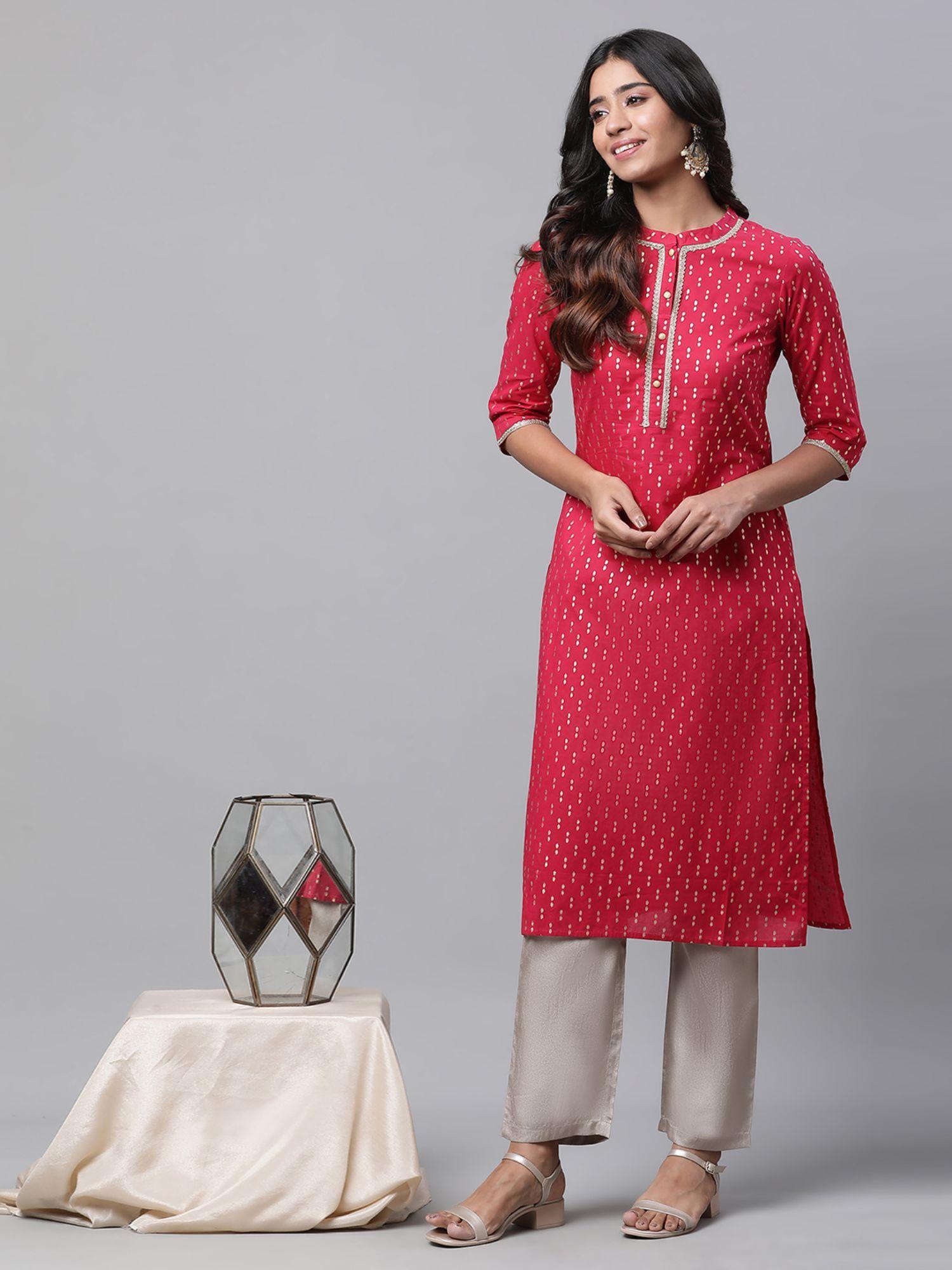 women pink printed three fourth sleeves mandarin neck kurta