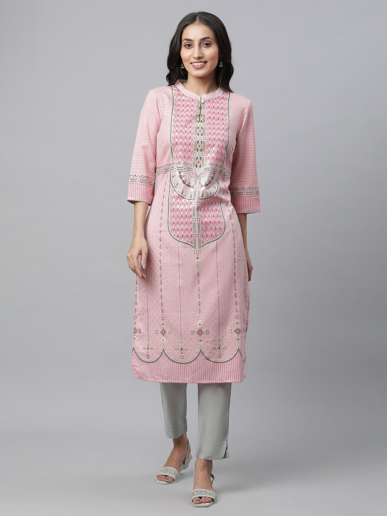 women pink printed three fourth sleeves mandarin neck kurta