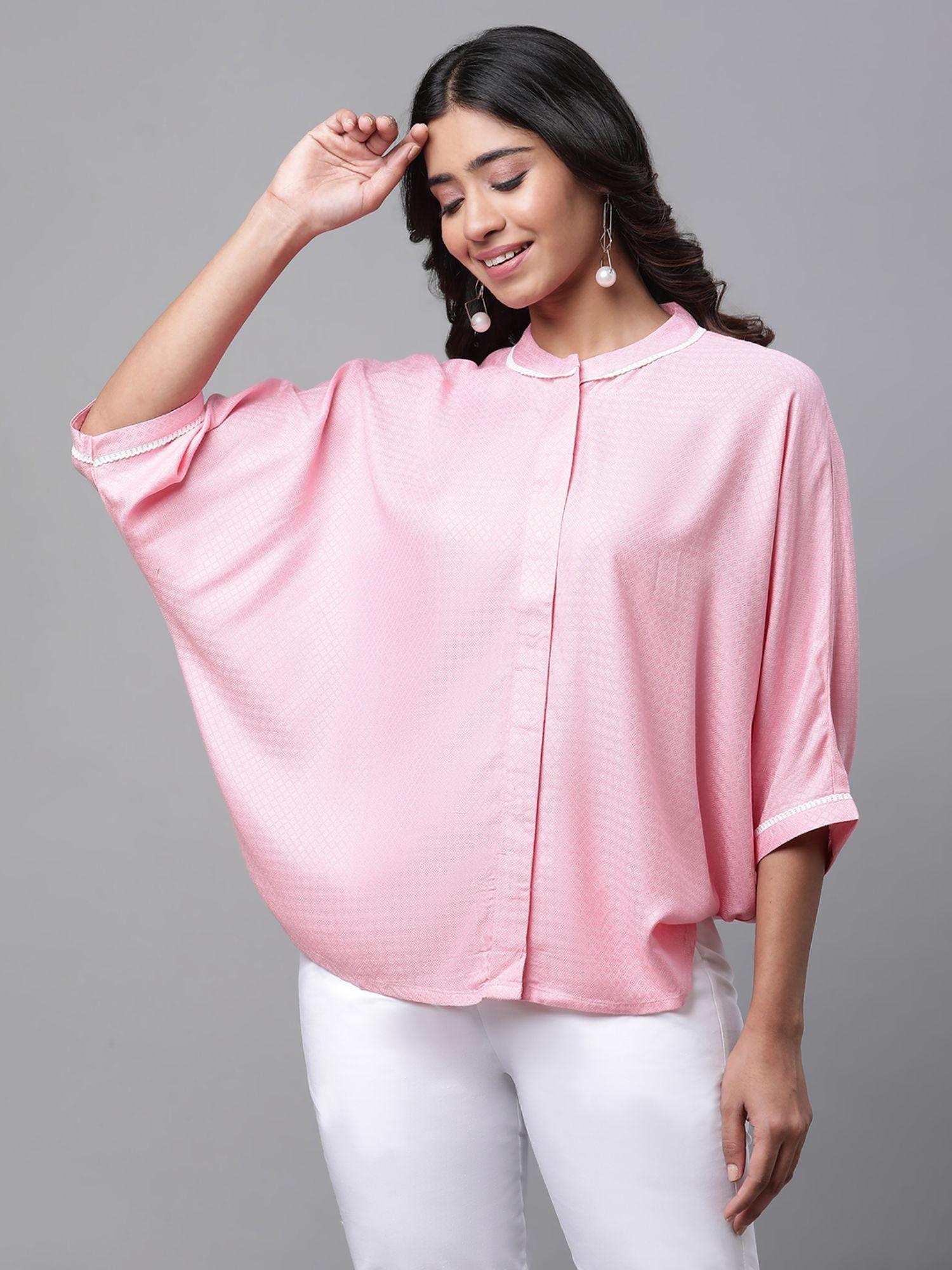 women pink printed three fourth sleeves mandarin neck top