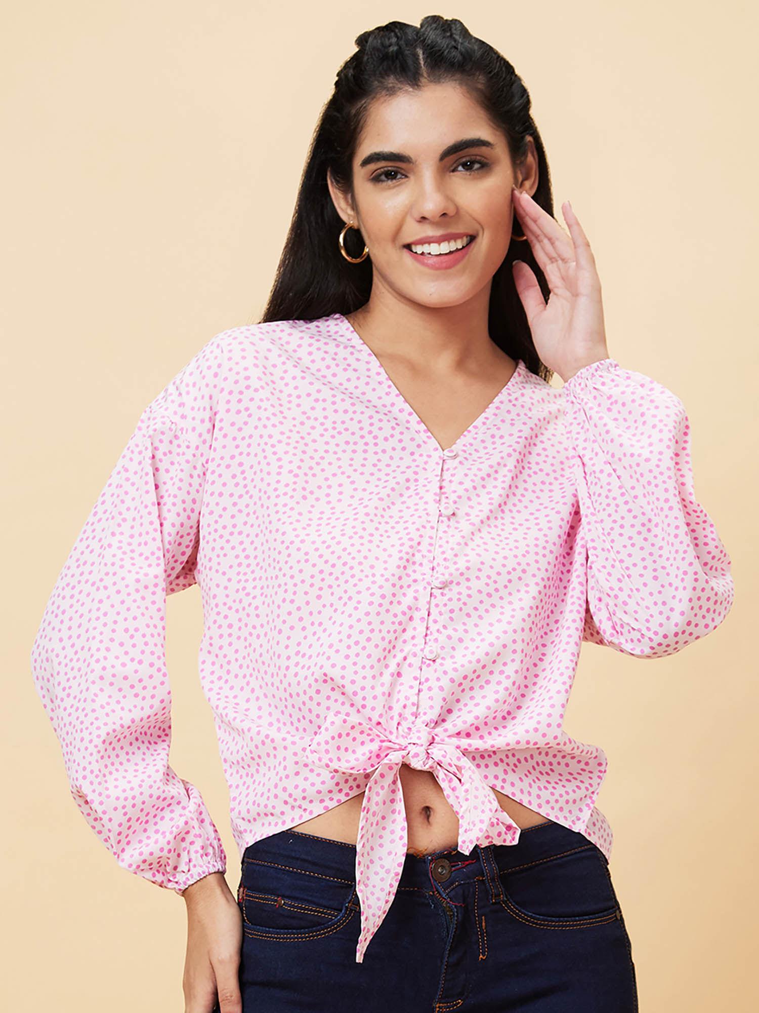 women pink printed v-neck casual top