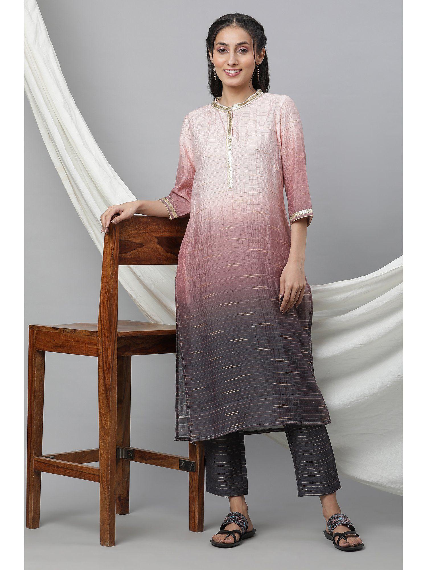 women pink printed viscose kurta set with trouser