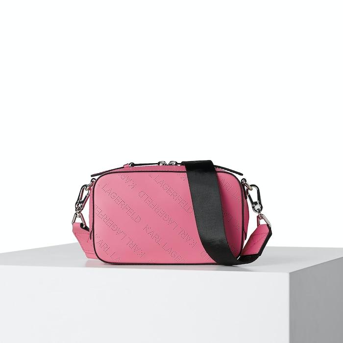 women pink punched logo camera bag