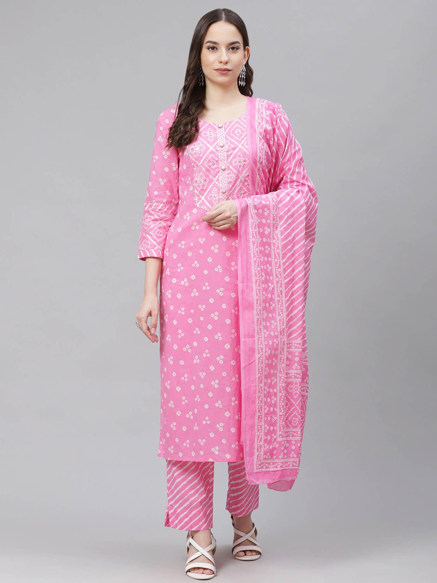 women pink pure cotton bandhani printed straight kurta pants with dupatta (set of 3)