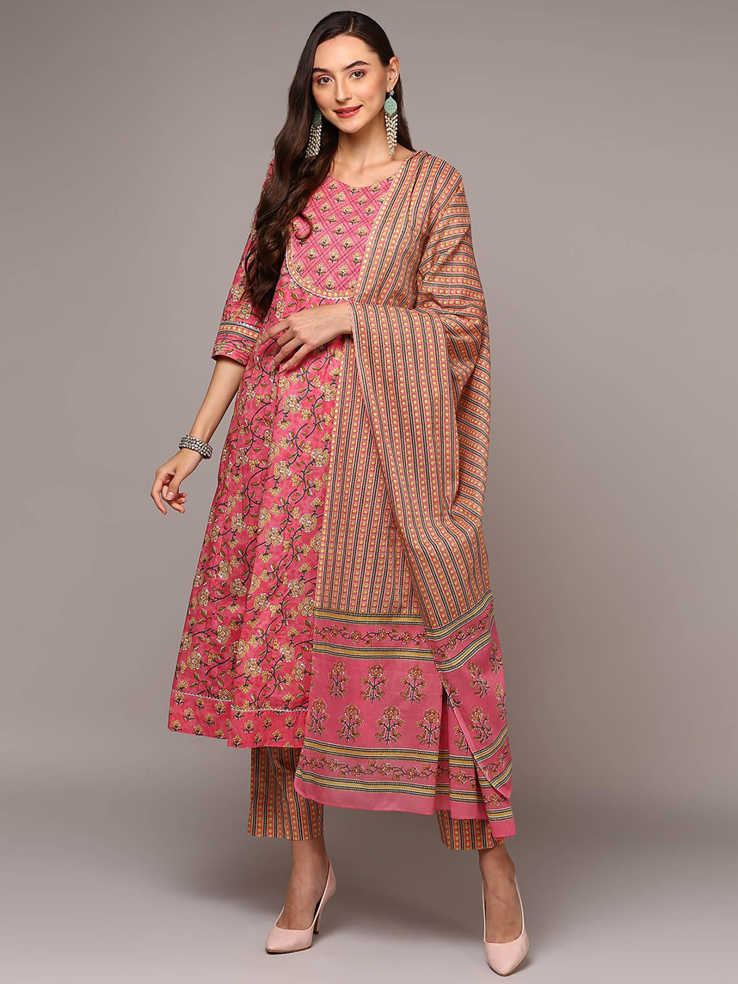 women pink pure cotton floral printed anarkali kurta pants with dupatta (set of 3)