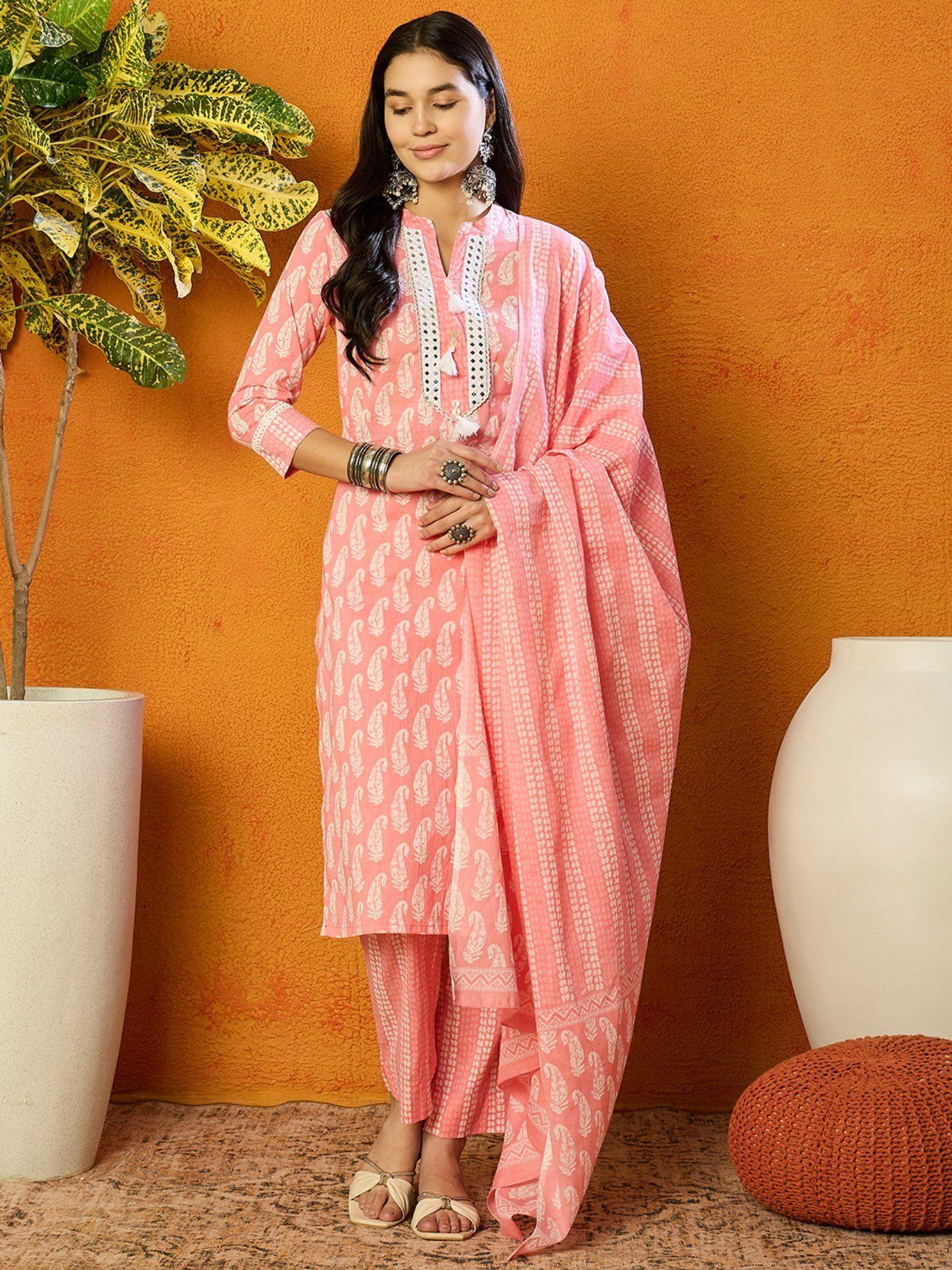 women pink pure cotton paisley yoke design straight suit (set of 3)