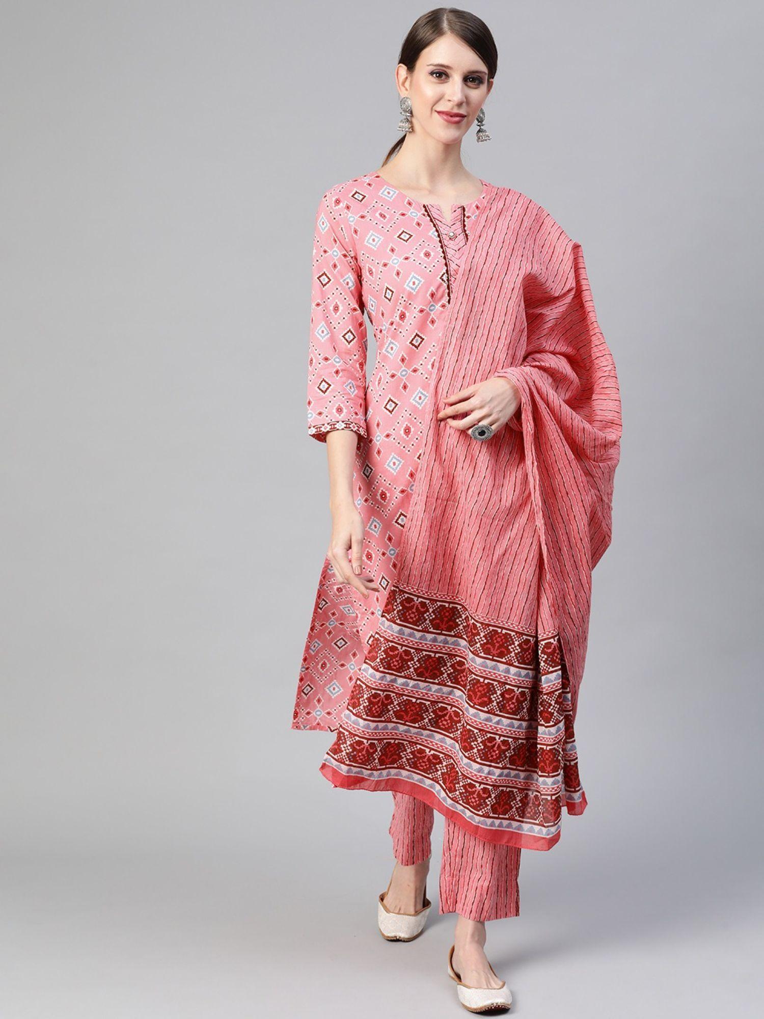 women pink pure cotton printed straight kurta trouser with dupatta (set of 3)