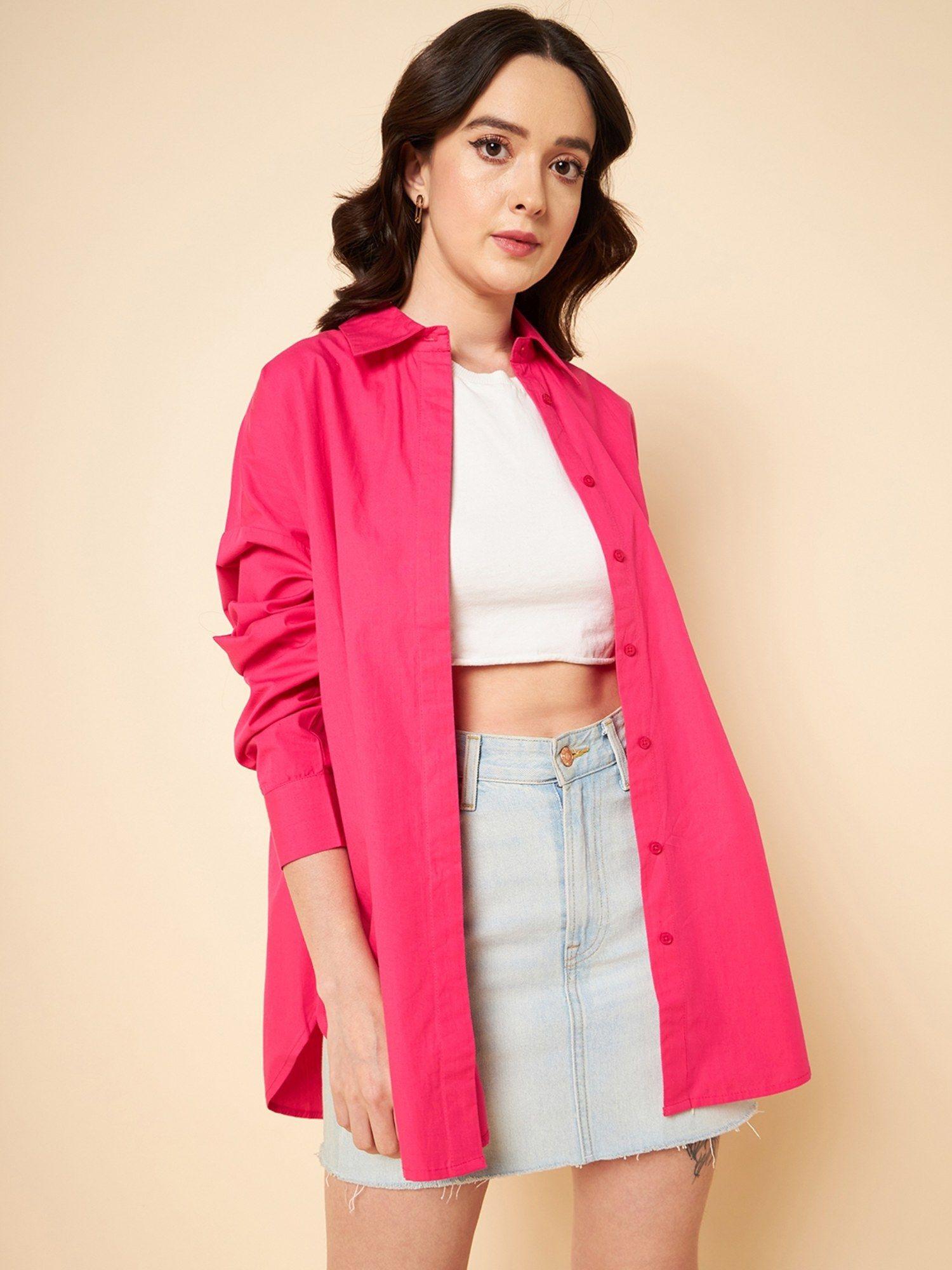 women pink pure cotton solid oversized casual shirt